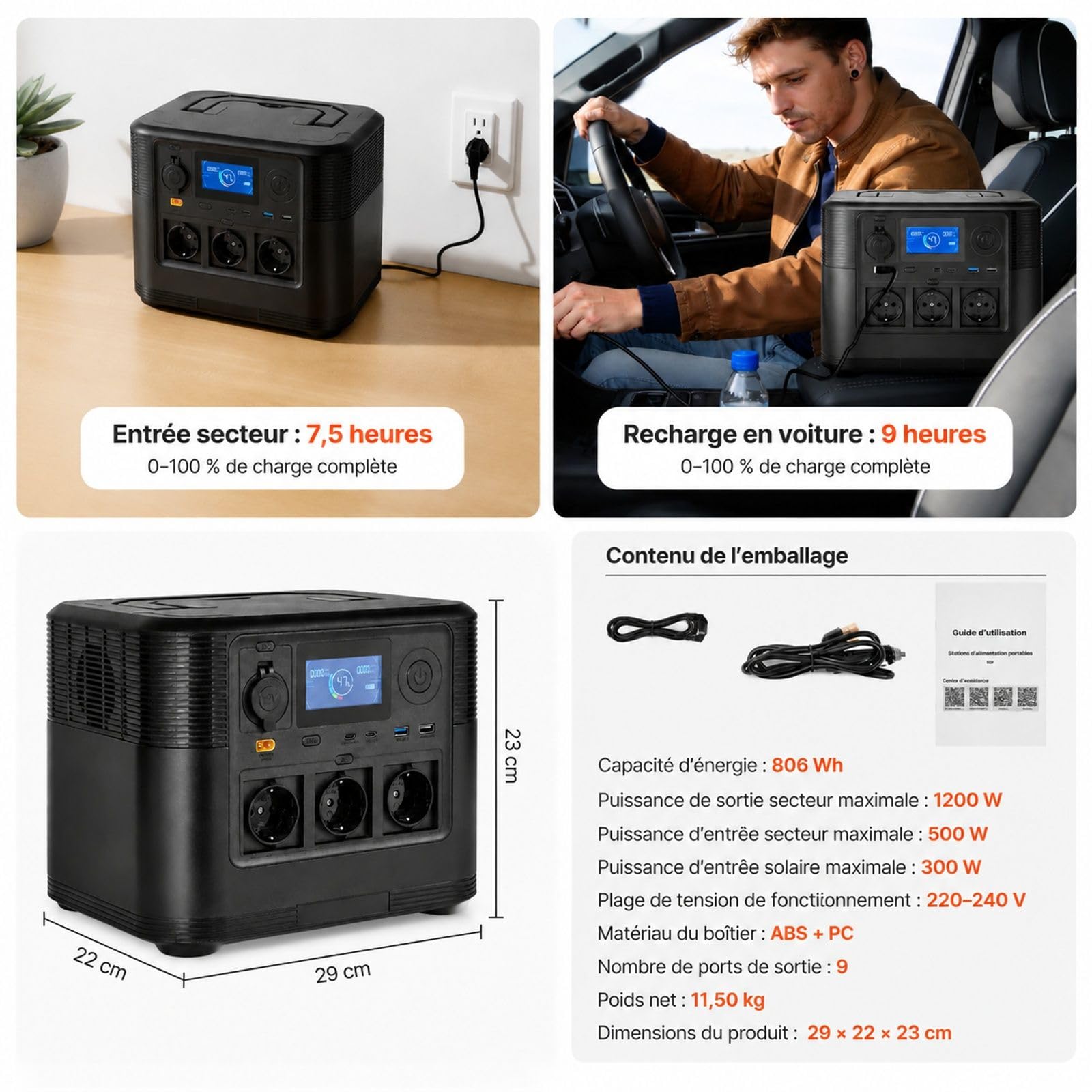 Station électrique portable 1200 W, capacité 806 Wh, 9 sorties, boîtier ABS + PC, pour la maison, le camping et les voyages en camping-car