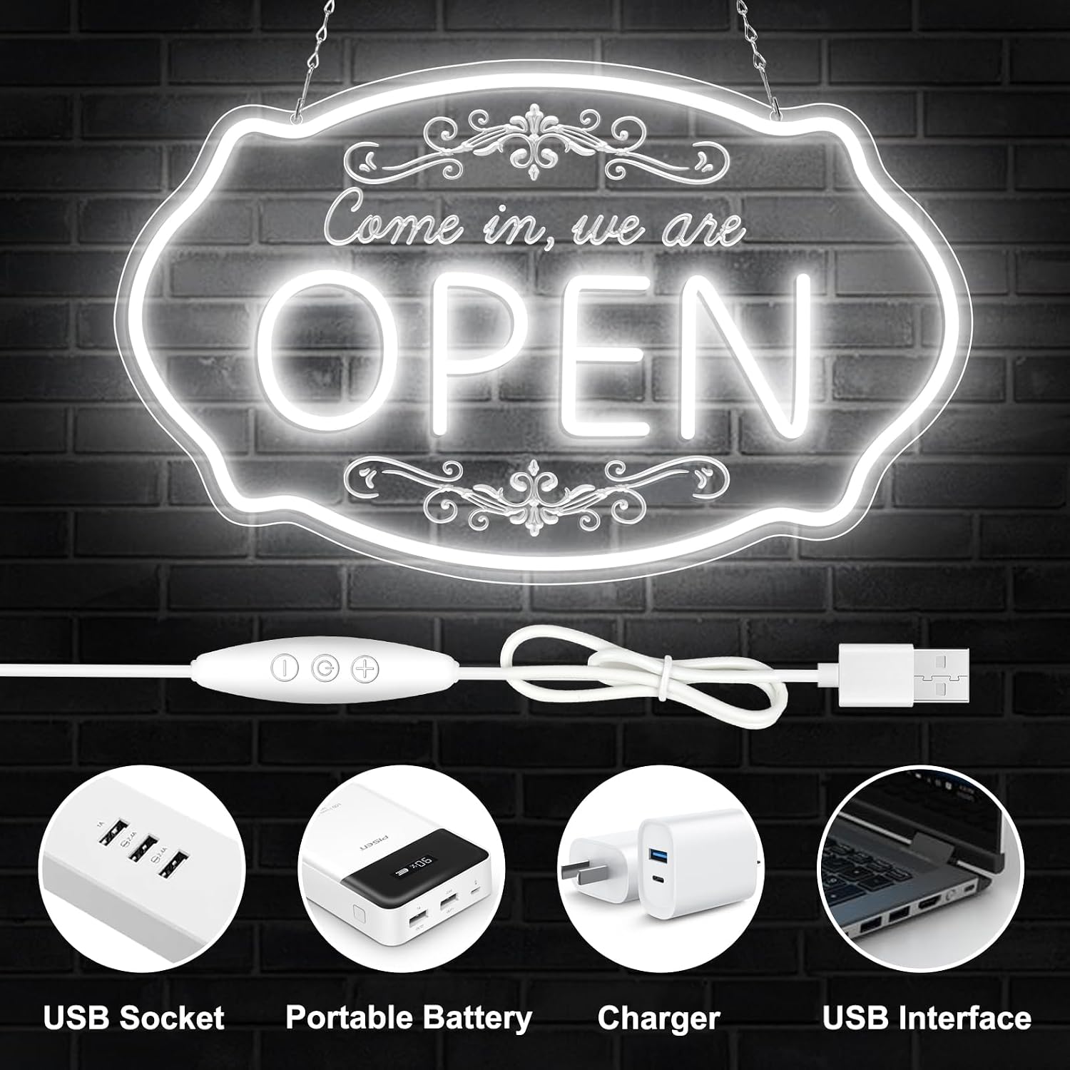 LED Neon Open Sign for Business, 16.5x10'' Come in We’re Open Sign, Daylight White Adjustable Brightness Neon Lights for Party, Bar, Salon, Stores, Hotel, Wall Decor, Clubs, Hotels