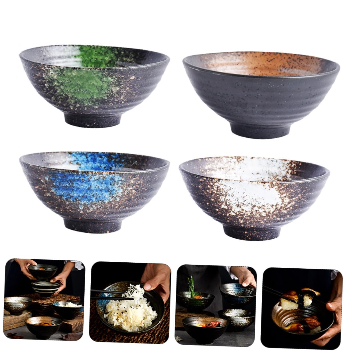Mikinona Tazón de Ramen de Cerámica Japonesa, 4 Piezas para Sopa y Arroz