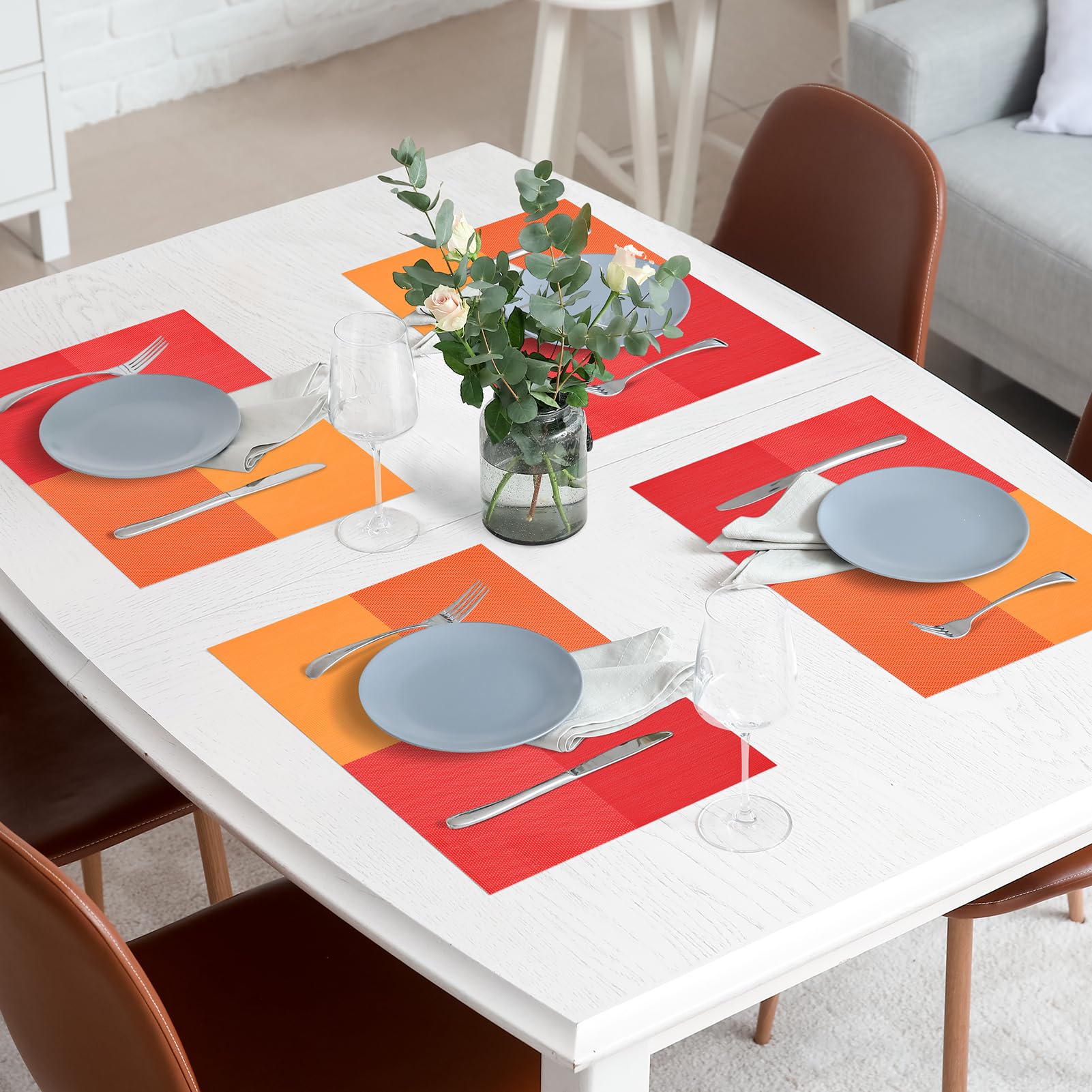 SueH Design Abwaschbar Tischsets 8er Set, Gewebte Platzsets 45x30cm, Rot | Waschbar Platz-Matten Vinyl Platzdeckchen, Rutschfest Abgrifffeste Hitzebeständig Antifouling, für küche Speisetisch Hotel