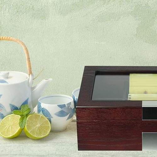Miniatura 4 de TIMELYBUYS Caja de té de madera de cerezo con 8 compartimentos, organizador de almacenamiento, caja de pecho, tapa de exhibición de vidrio de café y