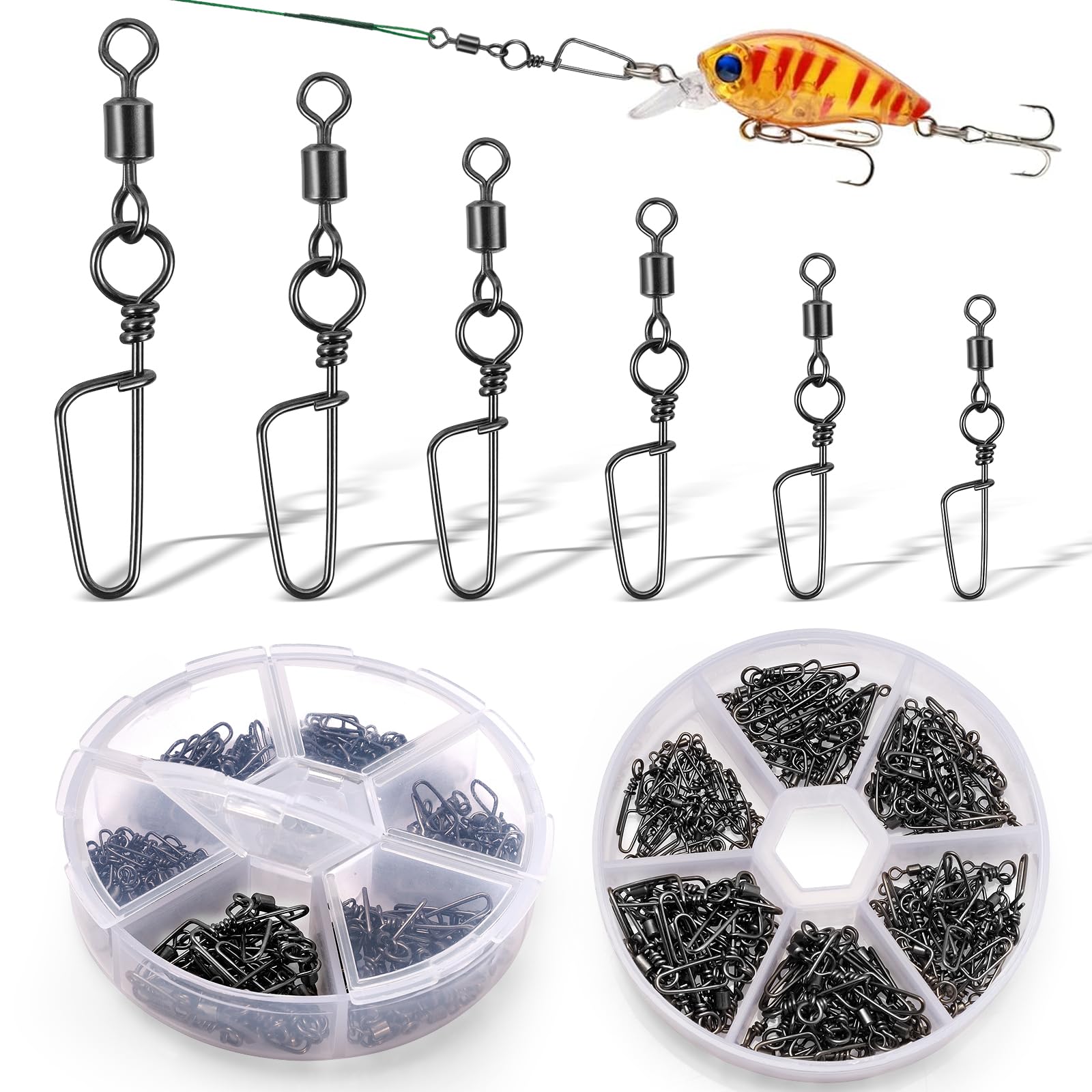 Realure 120Pcs/6 Sizes Fishing Snap Swivels 6# 7# 8# 10# 12# 14# Stainless Steel Barrel Fishing Corrosion Resistant Fishing Rolling Fishing Connector