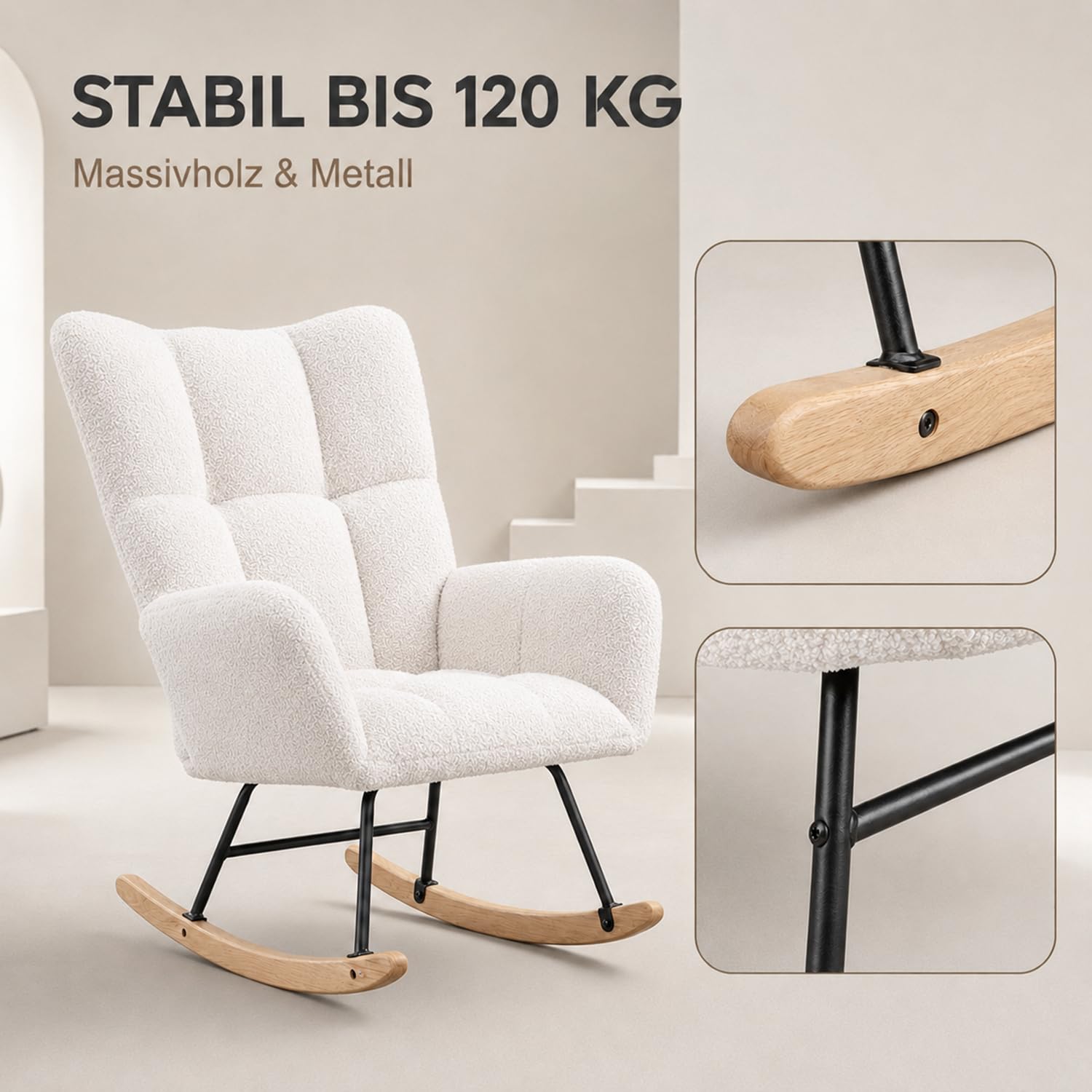 Schaukelstuhl, Teddy Relaxsessel 120kg, 6 Farben，White