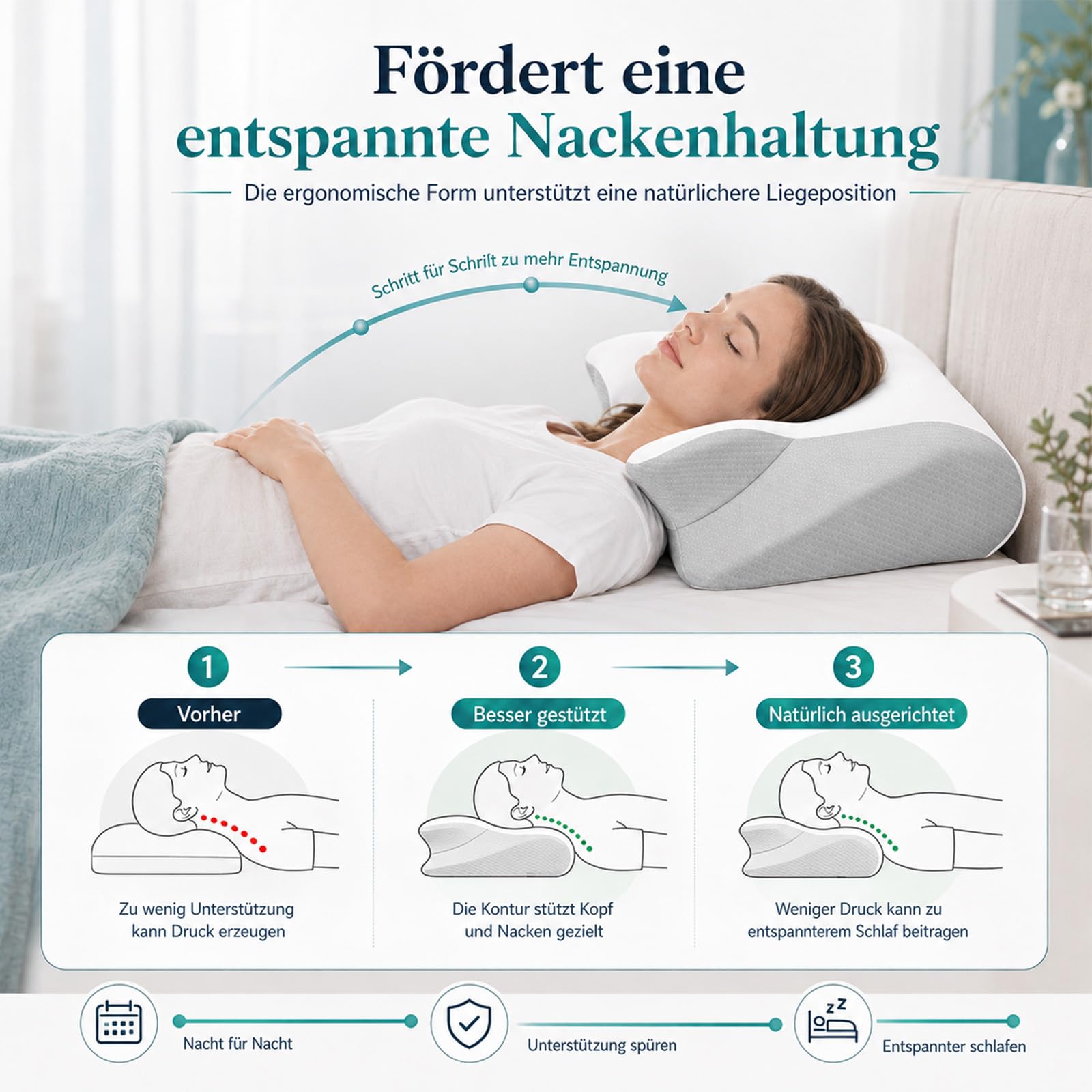 Nucca Kissen, Ergonomisches Nackenstützkissen aus Dual-Density-Schaum | Drei Komfortzonen, seitliche Armaussparungen und waschbarer Bambusmix-Bezug für Rücken-, Seiten- und Wechselschläfer.