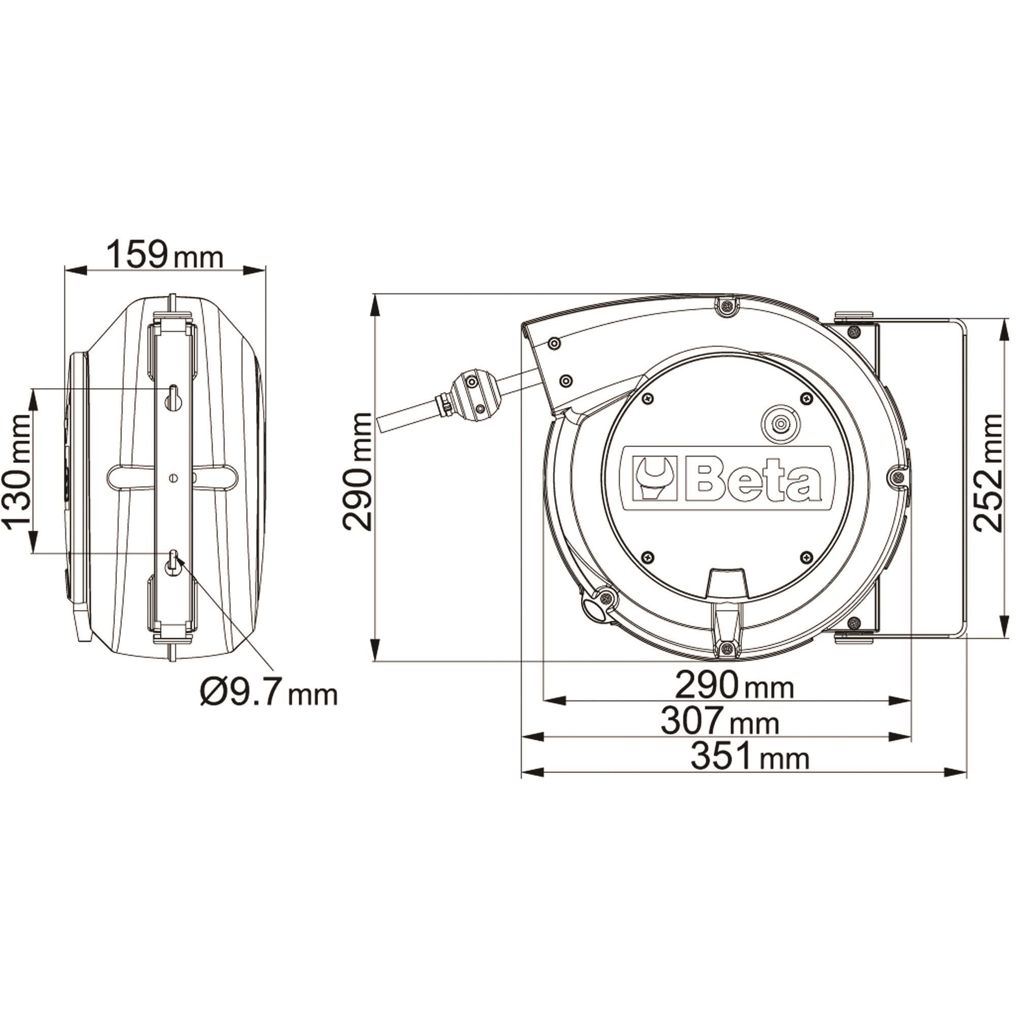 BETA - 1844 15-H05/SCK automatische wikkelaar met 3Gx1,5 mm² kabel en Schuko-stekker, kabellengte 1 m, met 180° draaibare houder en tweede snelsteekbeugel, 018440316