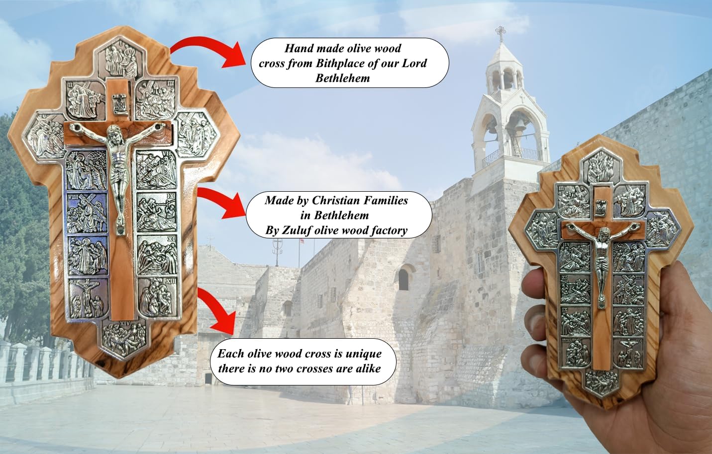 Zuluf 13.5" Olive Wood Lord’s Prayer Wall Cross Christian Spiritual Gift from Israel Bethlehem Holy Land CRS105Z