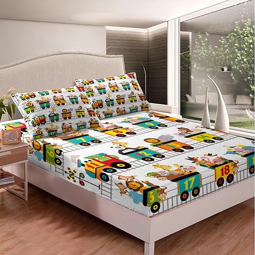 Miniatura 3 de Erosebridal Sábanas tamaño Queen de animales del zoológico para niños pequeños, sábanas de tren de dibujos animados, lindo juego de sábanas