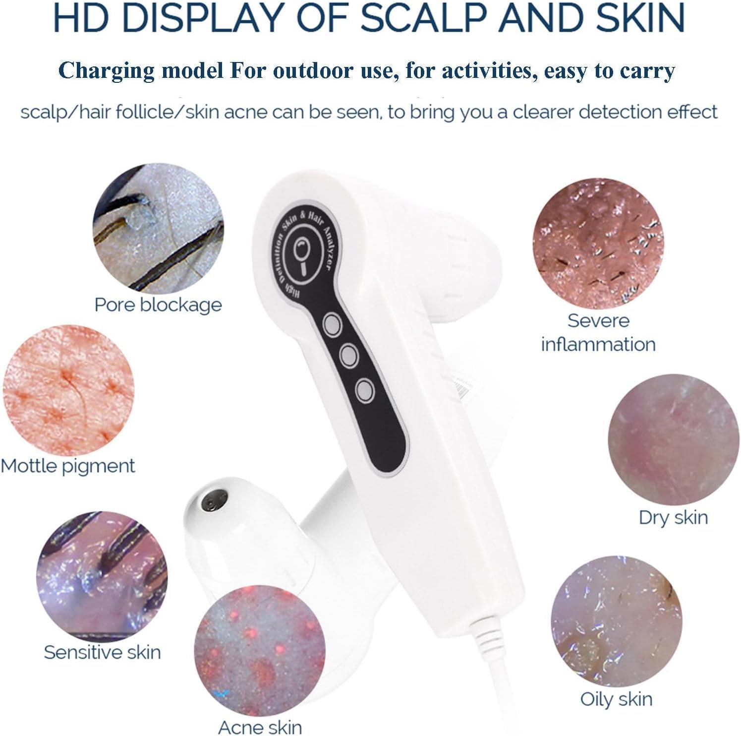 Detector de Piel capilar, Analizador de Cabello y Piel, Analizador de Cabello de diagnóstico de Piel, Analizador de Cuero cabelludo de Piel de 10 Pulgadas, Lupa de Cabello 50X / 200X