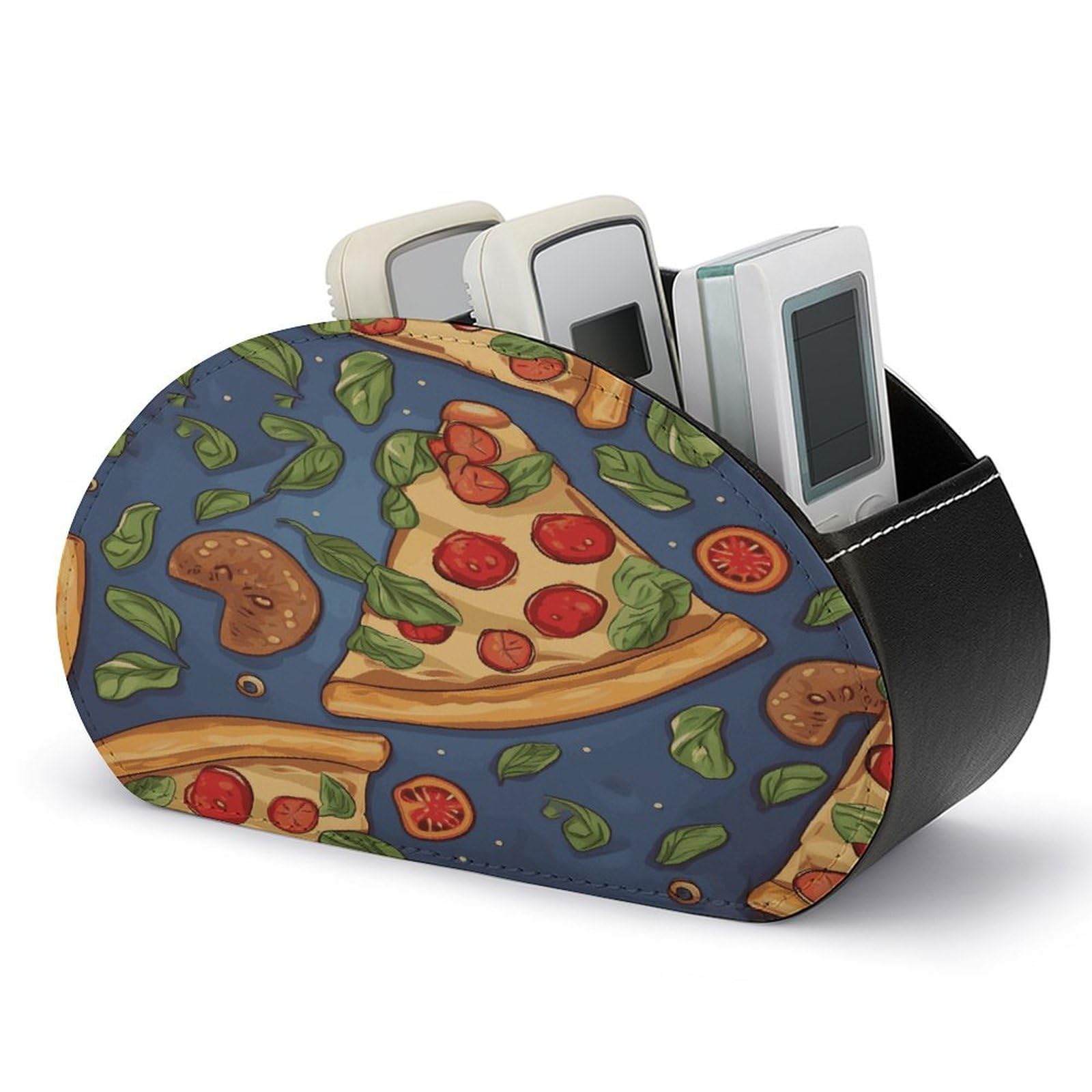 LDGSUPH Pizza Remote Control Holder with 5 Compartments PU Leather TV Remote Caddy Storage Box Multi-functional Desk Storage Organizer Box Anti-slip Desktop Caddy