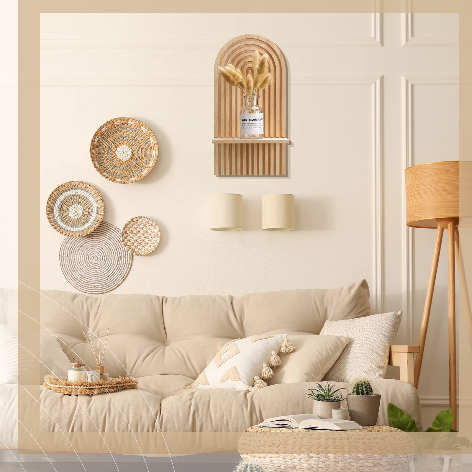 2 estantes flotantes bohemios para pared, pequeños soportes colgantes de madera para sala de estar, baño, dormitorio, oficina, cuarto de bebé, decoración (clásico) 6