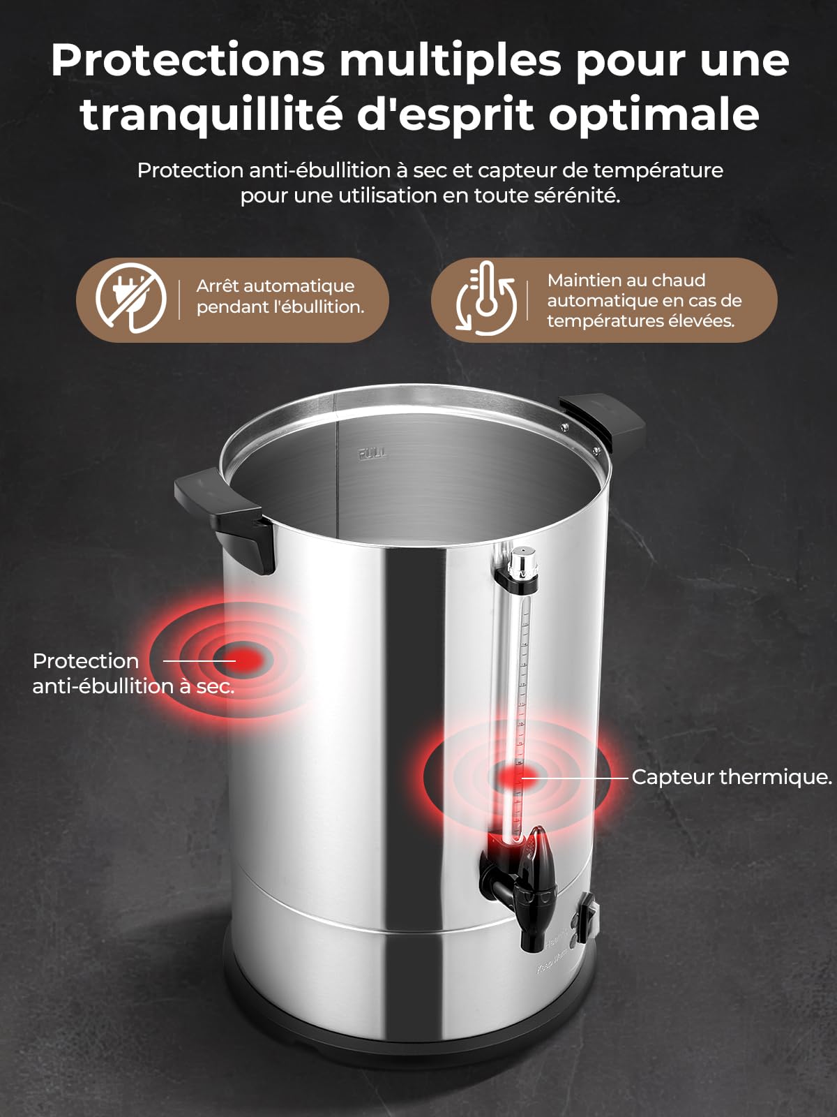 FOHERE Percolateur à Café 15L 150 Tasses/H Distributeur de Boissons Chaudes, Récipient Chauffant 1500 W en Acier Inoxydable, Fonction de Brassage Et de Maintien au Chaud mit Robinet de Sécurité