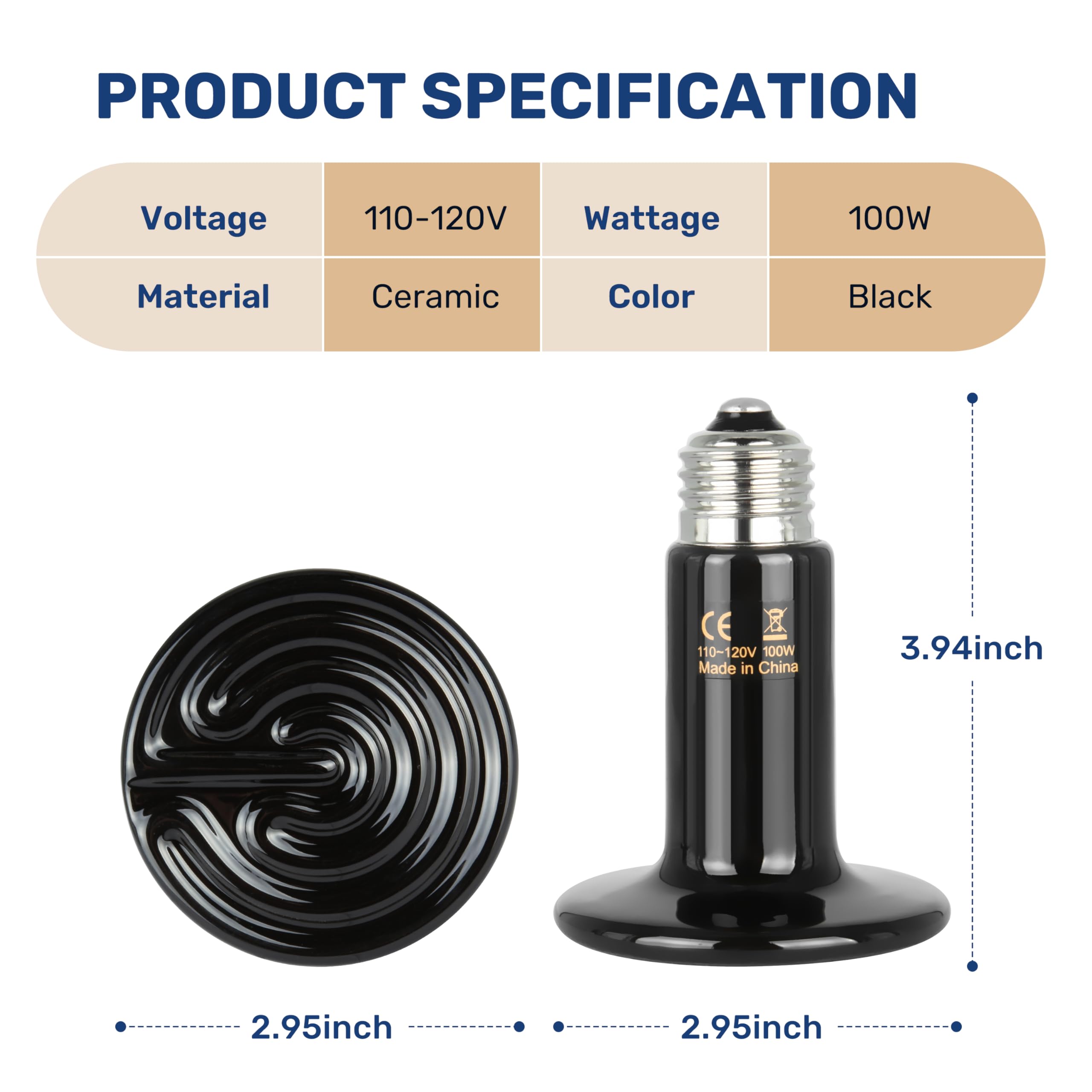 Reptile Heat Lamp 100W Ceramic Heat Emitter, No Light Emitting Heat Bulbs for Amphibian Pet Brooder Coop Incubating Chicken, Lizard Bearded Dragon Turtle Snake Terrarium, 2 Pack - image 2