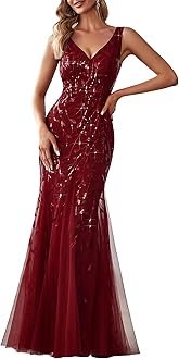 Women's Sequin Formal Dress Double V-Neck Sleeveless Mermaid Long Evening Prom Dresses 07886