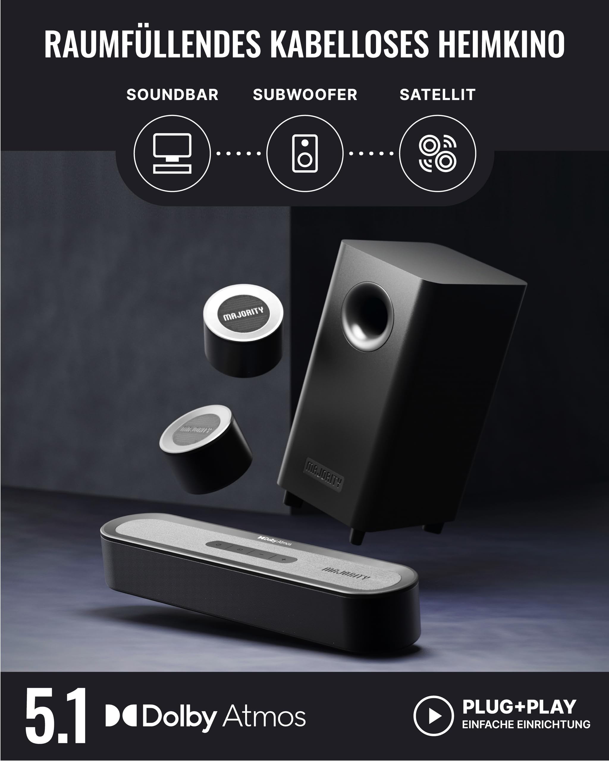 MAJORITY Bowfell Halo Atmos Soundbar für TV Geräte | 300W Lautsprecher für Fernseher mit Subwoofer | 5.1 Dolby Atmos Heimkino Surround Sound System mit HDMI eARC | Mini Sound Bar PC Bluetooth