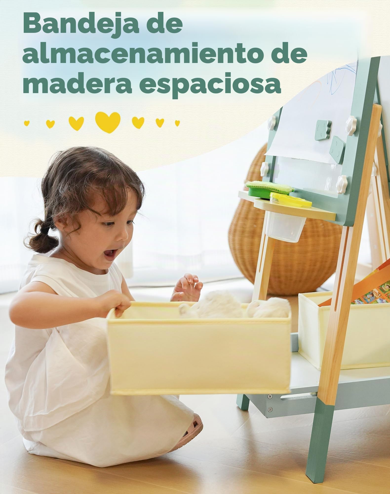 ROBUD Caballete de madera para niños, pizarra blanca de doble cara y pizarra con rollo de papel, tablero de dibujo ajustable en altura con imanes, macetas de pintura, bandeja de almacenamiento, diseño