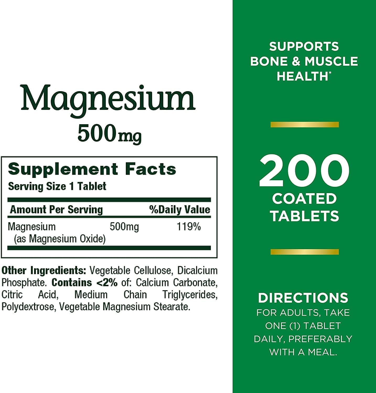 Nature’s Bounty Magnesium, Bone and Muscle Health, Tablets, 500 Mg, 200 Ct (Pack of 2)