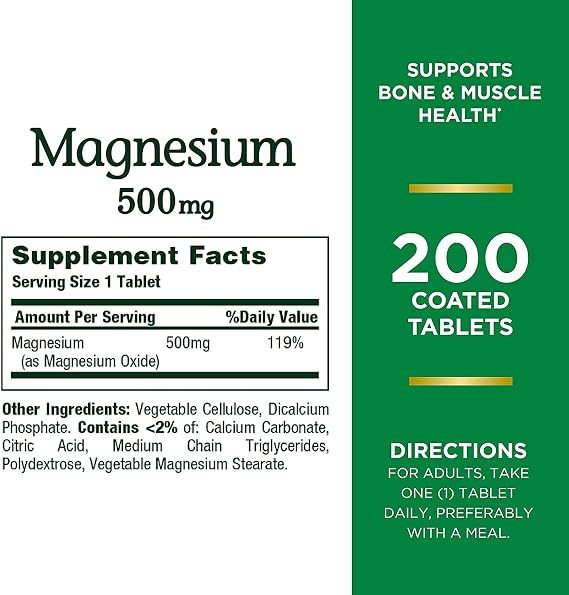 Natures Bounty Magnesium, Bone and Muscle Health, Tablets, 500 Mg, 200 Ct (Pack of 2)