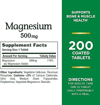 Natures Bounty Magnesium, Bone and Muscle Health, Tablets, 500 Mg, 200 Ct (Pack of 2)