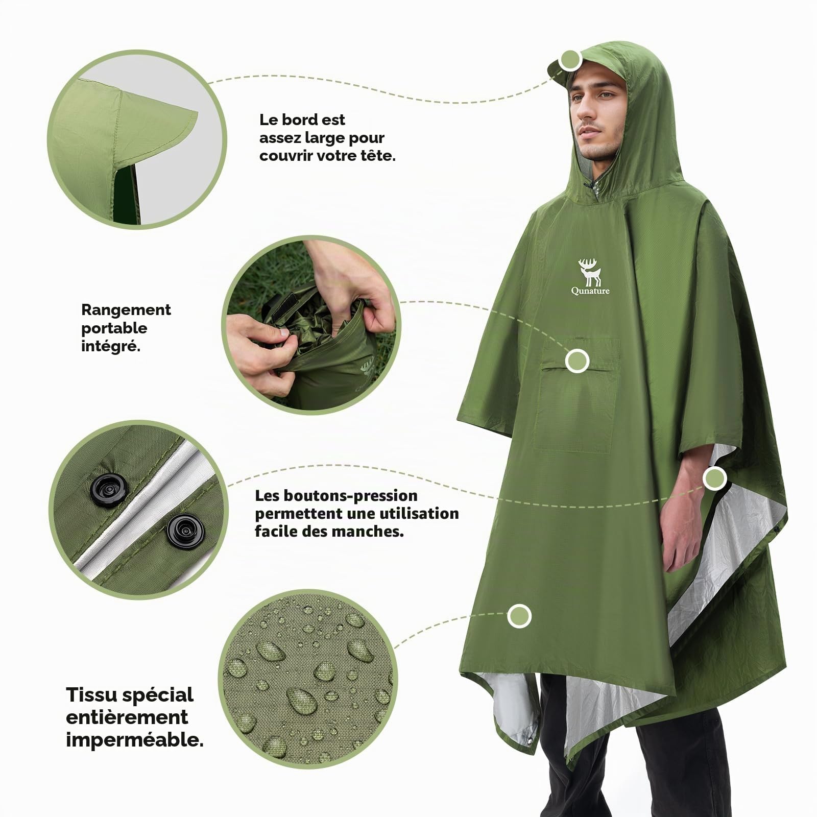 Poncho de Pluie 3 en 1 Léger Imperméable avec Capuche – Couverture Sac à Dos Multifonction Portable pour Homme et Femme Vélo Randonnée Camping Extérieur