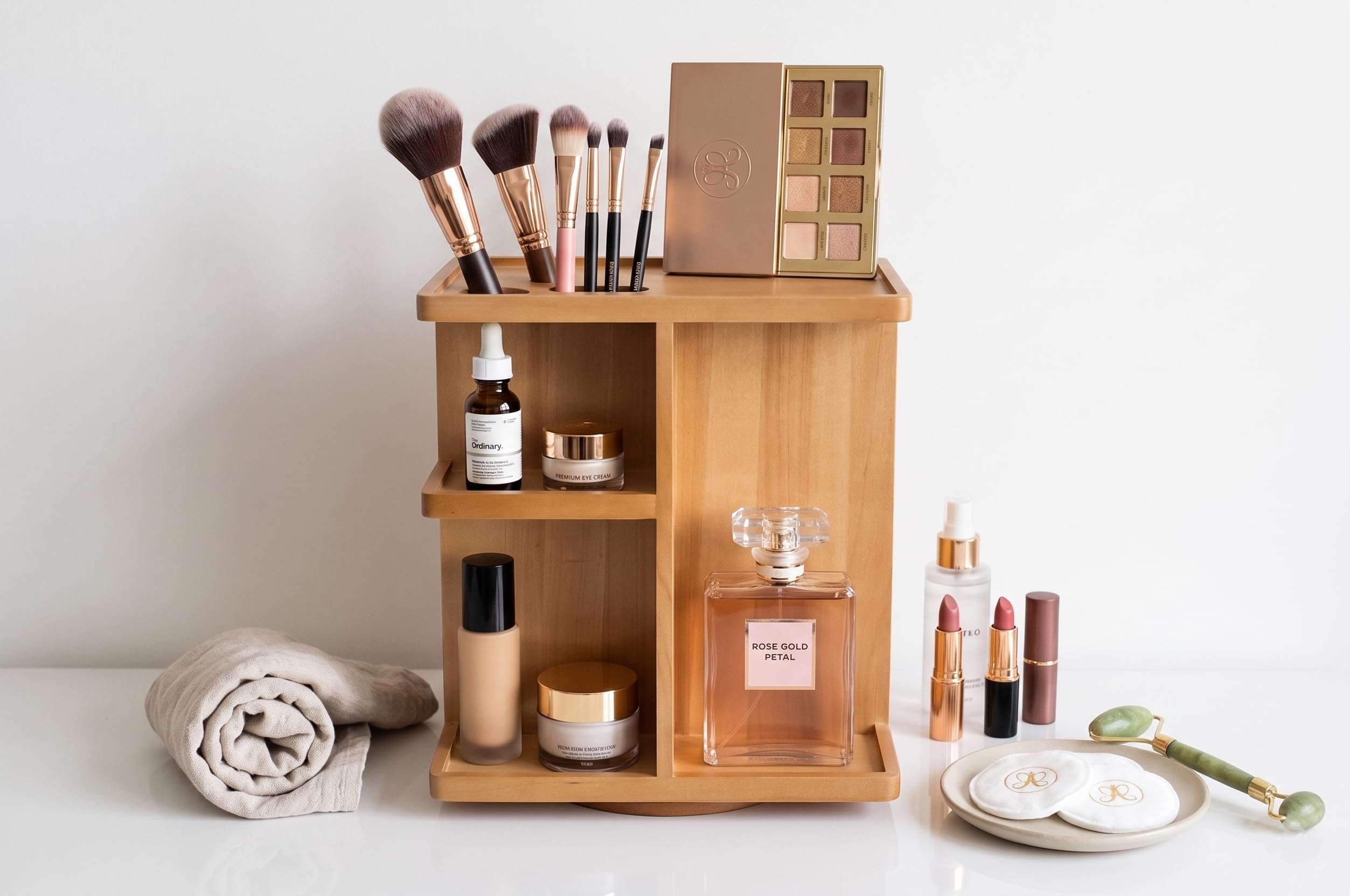 Drehbarer Kosmetik-Organizer, Multifunktions-Aufbewahrung, 360 Grad Karussell für Make-up, Toilettenartikel, Waschtisch, Schreibtisch, Schrank, massives Naturholz mit Akazienbraun