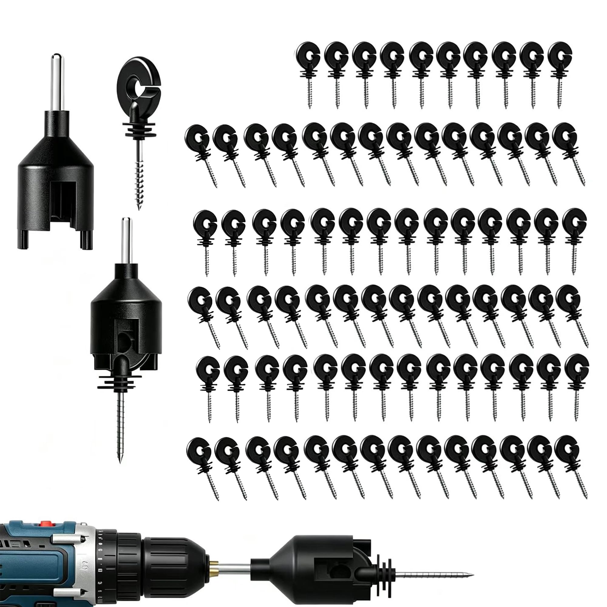 Aislador eléctrico de valla 80 piezas de tornillo con 1 herramienta de enchufe aislante, negro, PP/PE atornillado para poste de madera, se adapta a alambre de alta resistencia de calibre 8-30
