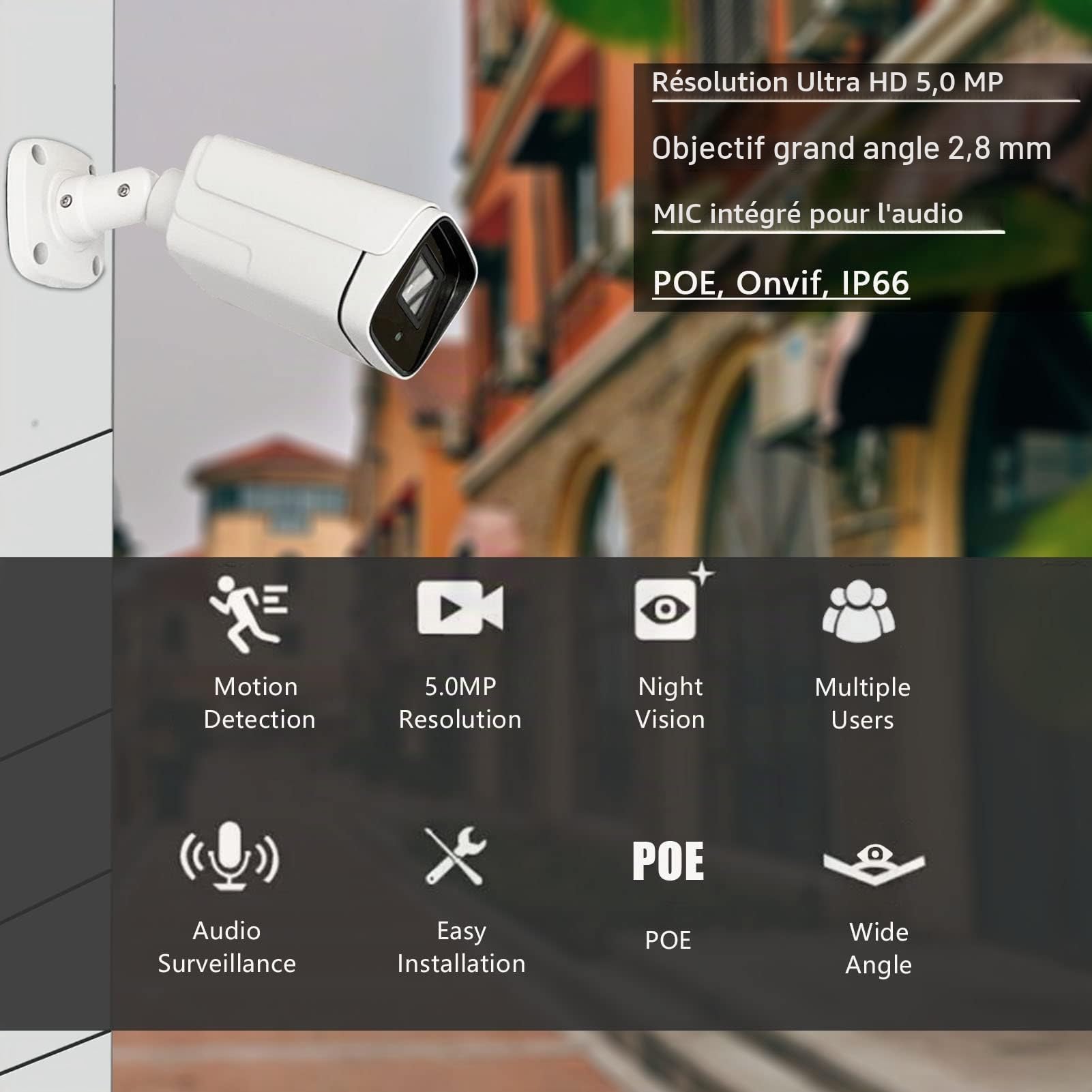 WiTi Caméra IP PoE 5MP, caméra de Surveillance avec Microphone Audio, Objectif Grand Angle 2.8 mm, détection de Mouvement,métal Massif IP66
