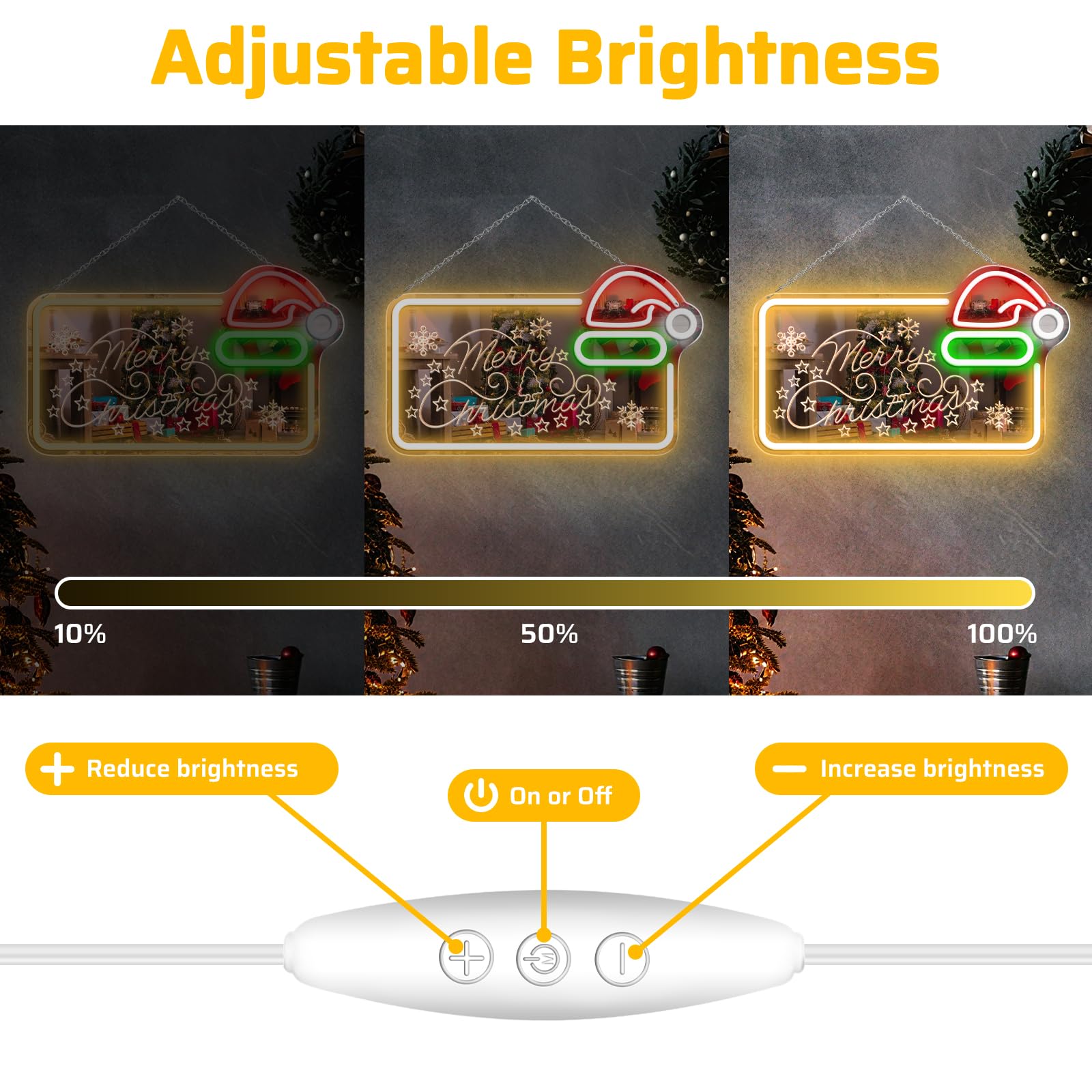 Letrero LED de neón con espejo de 16.5 x 10 pulgadas, decoración de pared con luz LED regulable con sombrero de Papá Noel, decoración de pared alimentada por USB para el hogar, habitación de los niños