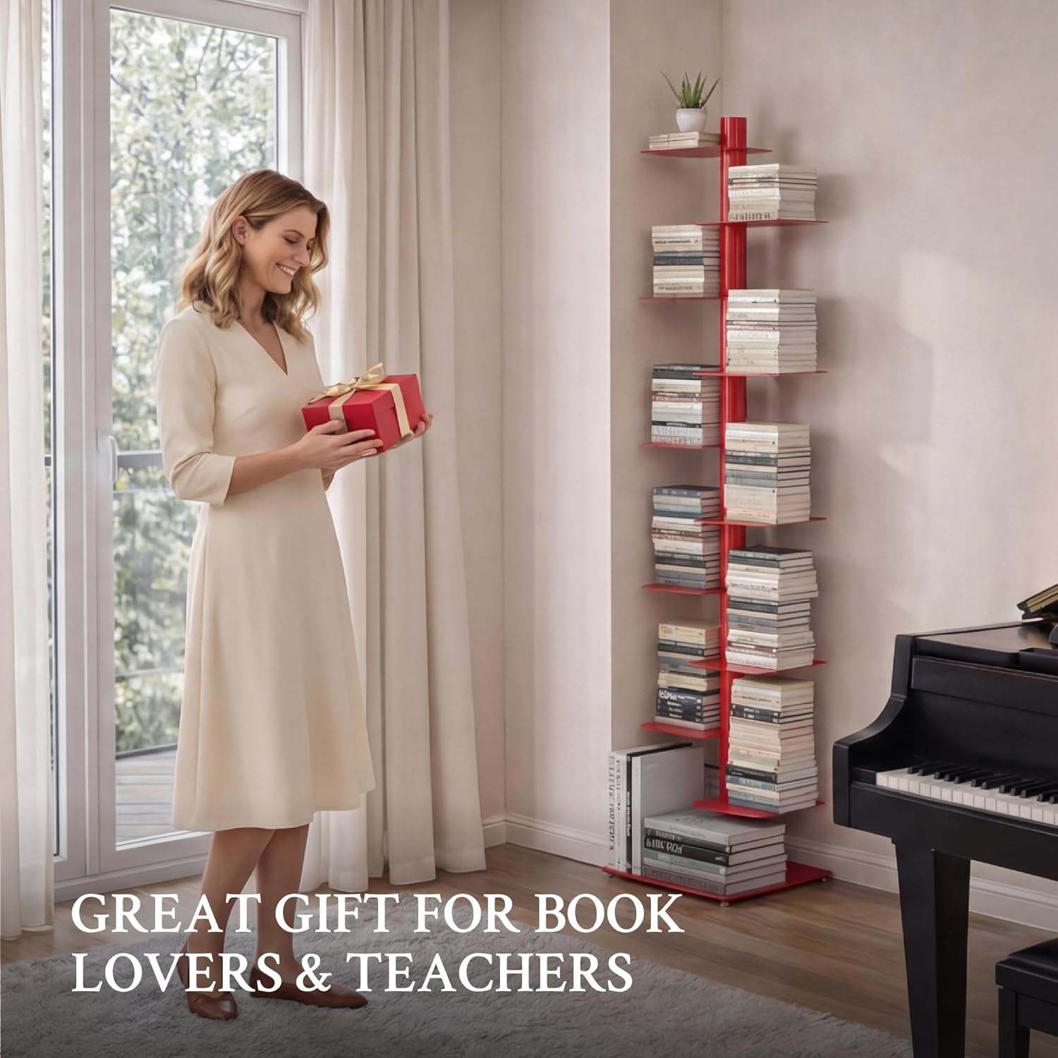 Suchtale 11-Tier Spine Bookshelf Tower,Tall Vertical Book Organizer,Metal Floor Standing Bookshelf for Small Spaces,Narrow Bookcase for Living Room,Bedroom & Office,Adjustable Shelf Directions,Red - Image 8