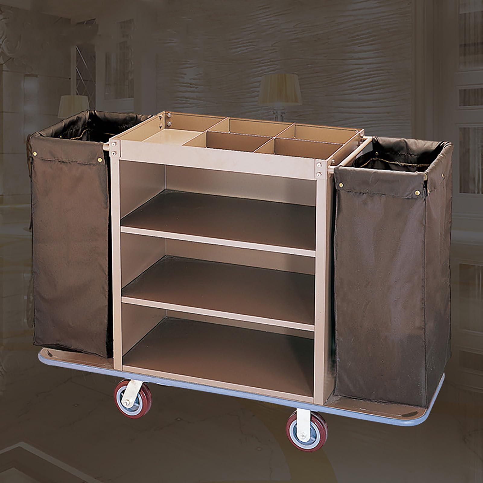 Carrello per Pulizie Commerciale Tradizionale a 3 Ripiani con Borsa, Ideale per uffici, Hotel e Appartamenti, Colore Marrone.