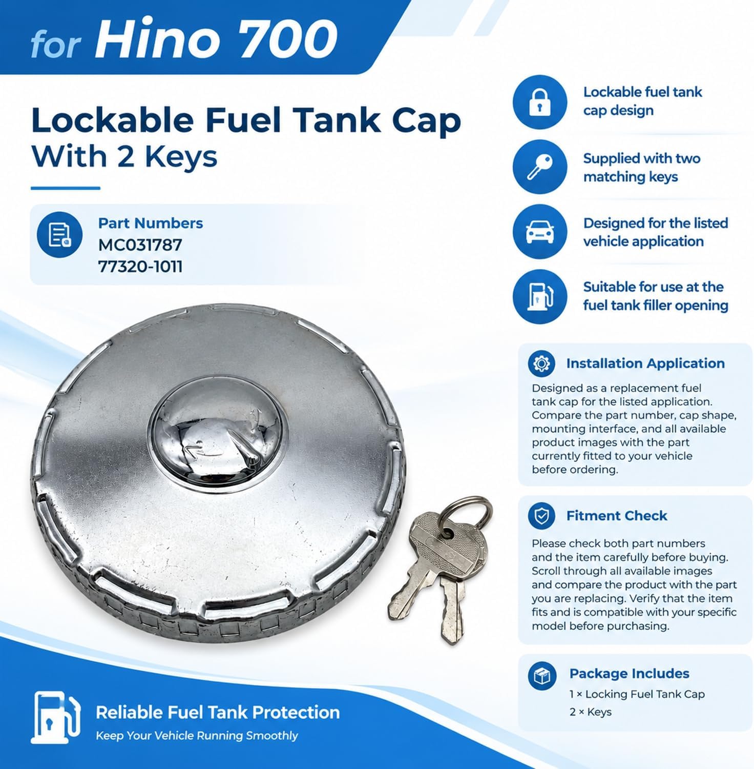 Locking Fuel Tank Cap 77320-1011 For Hino 700 Heavy Duty Truck With 2 Keys