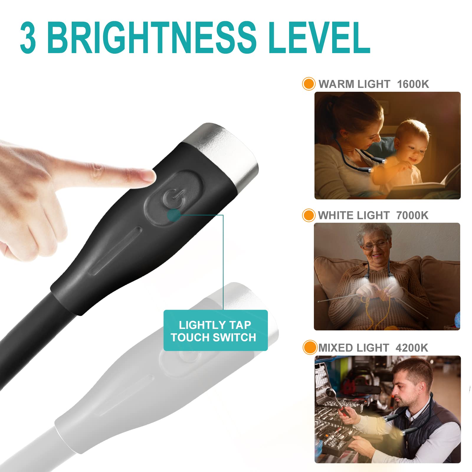 AUGELUX LED Neck Reading Light, Book Light for Reading in Bed,3 Brightness, Hands Free, USB-C Rechargeable, Lightweight, Arms Flexible Neck Light for Reading, Knitting, Crafts, Repairing