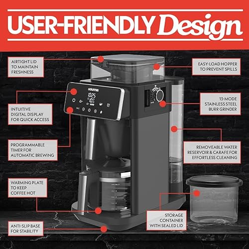 Miniatura 7 de Gourmia Cafetera de 10 tazas para moler y preparar  Molinillo ajustable integrado, temporizador digital programable, 3 concentraciones de