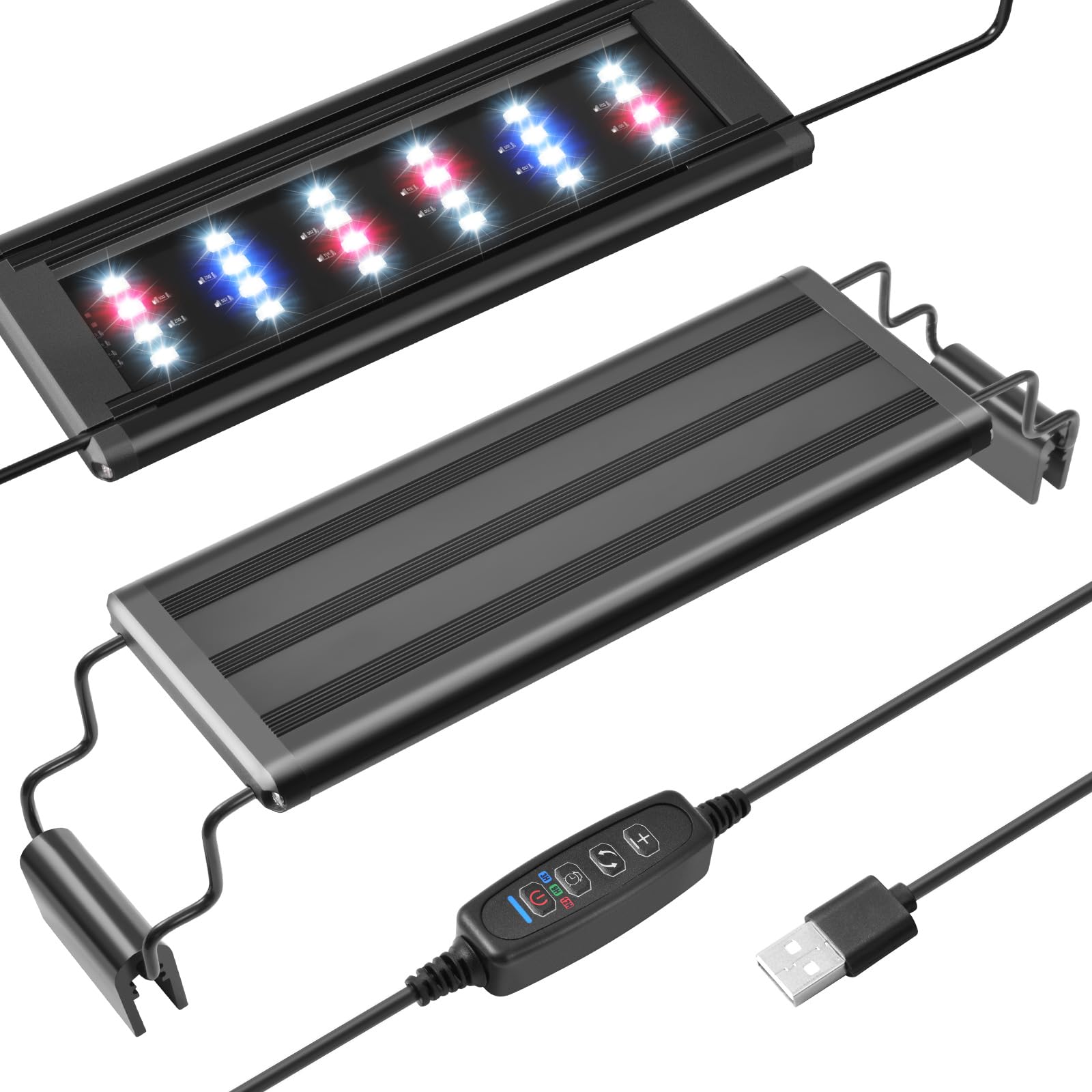 USB Mini Aquarium LED Light, Full Spectrum Aquarium Light with Extendable Brackets, Adjustable Aquarium Plant Light with External Controller, for Freshwater Tank (21-33CM)