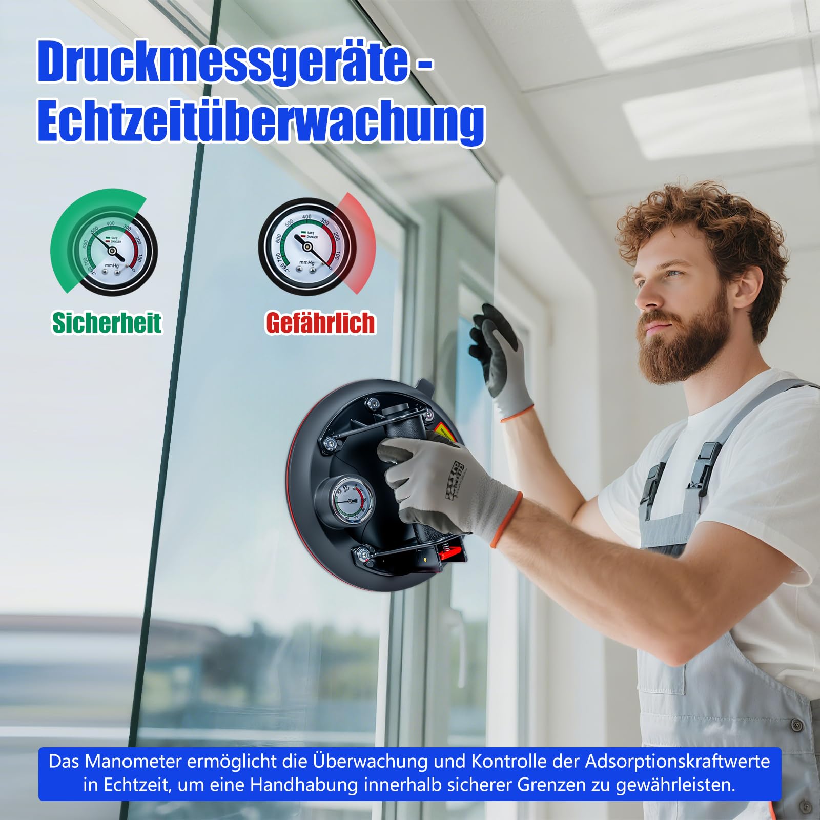 2er-Set Saugheber Glassauger mit Manometer|Tragkraft Max.220KG,Vakuum Saugheber Fliesen Glasheber mit Tragbarer Werkzeugkasten,Saugheber für Glas,Fliesen,Marmor