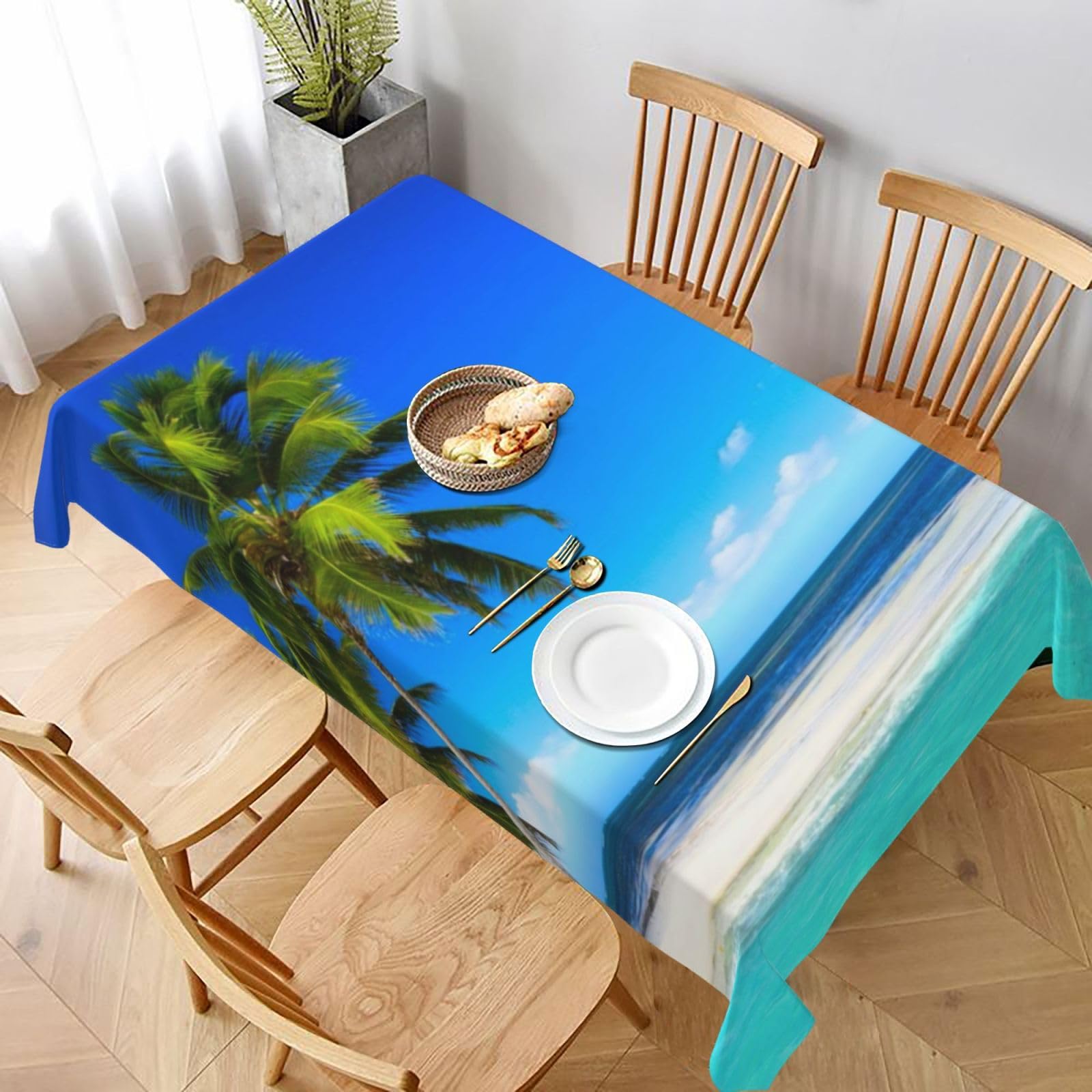 BNVSADC Palm Trees and Clear Sea Printed Rectangle Tablecloth 228x152 CM, Water Resistant Polyester Table Cloth Decorative Fabric Table Covers for Kitchen Dining Table Parties Camping