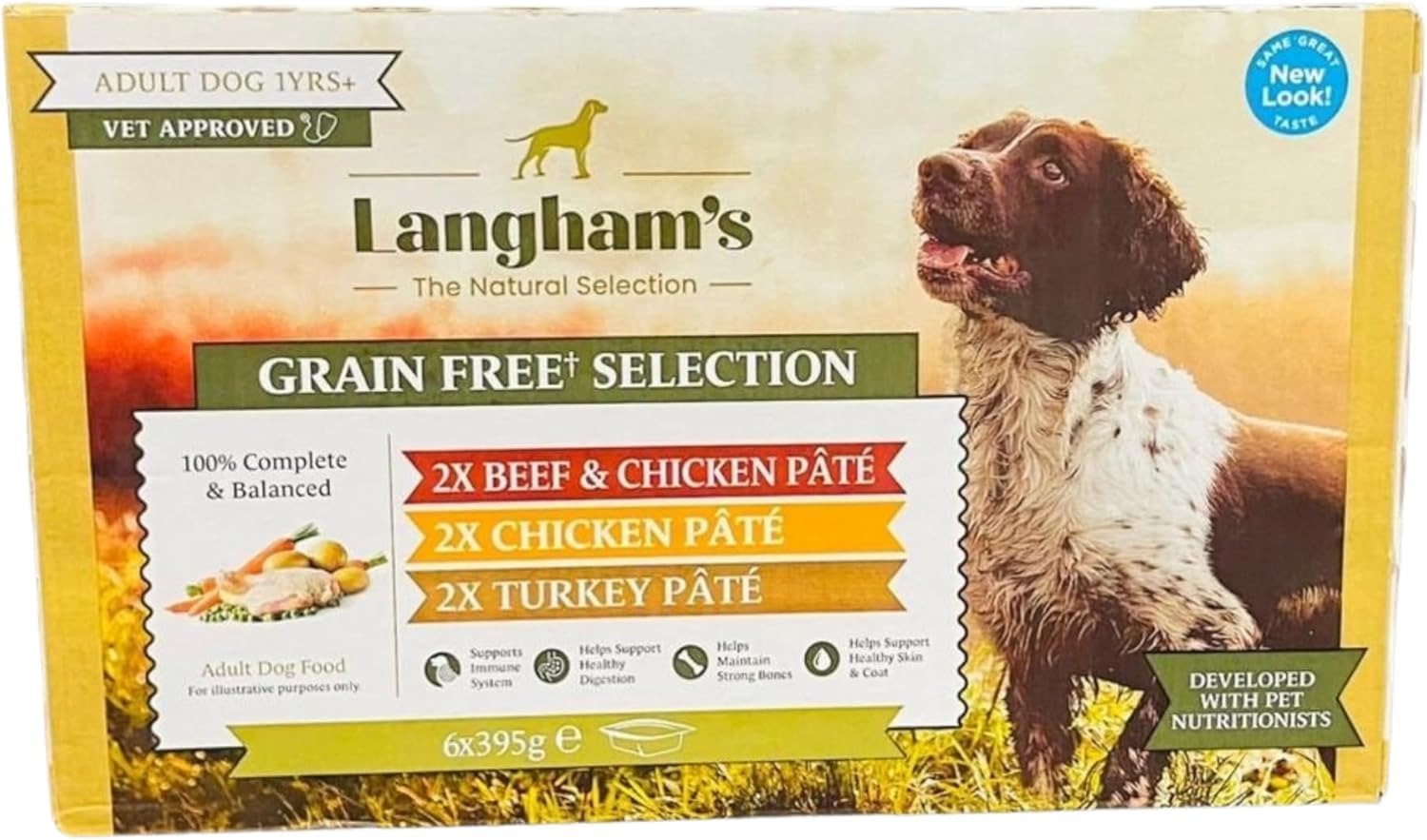 Langham's Grain-Free Adult Dog Food Pâté Selection 6x395g – Beef, Chicken & Turkey – Natural, Complete & Balanced Wet Dog Food