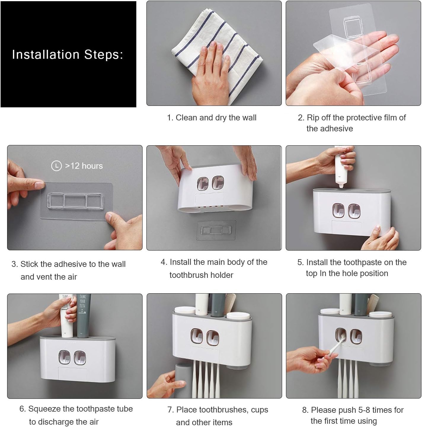 Toothbrush Holder Multifunctional Wall Mounted Toothbrush and Toothpaste Squeezer Kit with 2 Toothpaste Dispenser, 5 Toothbrush Slots, 4 Cups and 1 Storage Compartment Organizer for Bathroom - Image 7