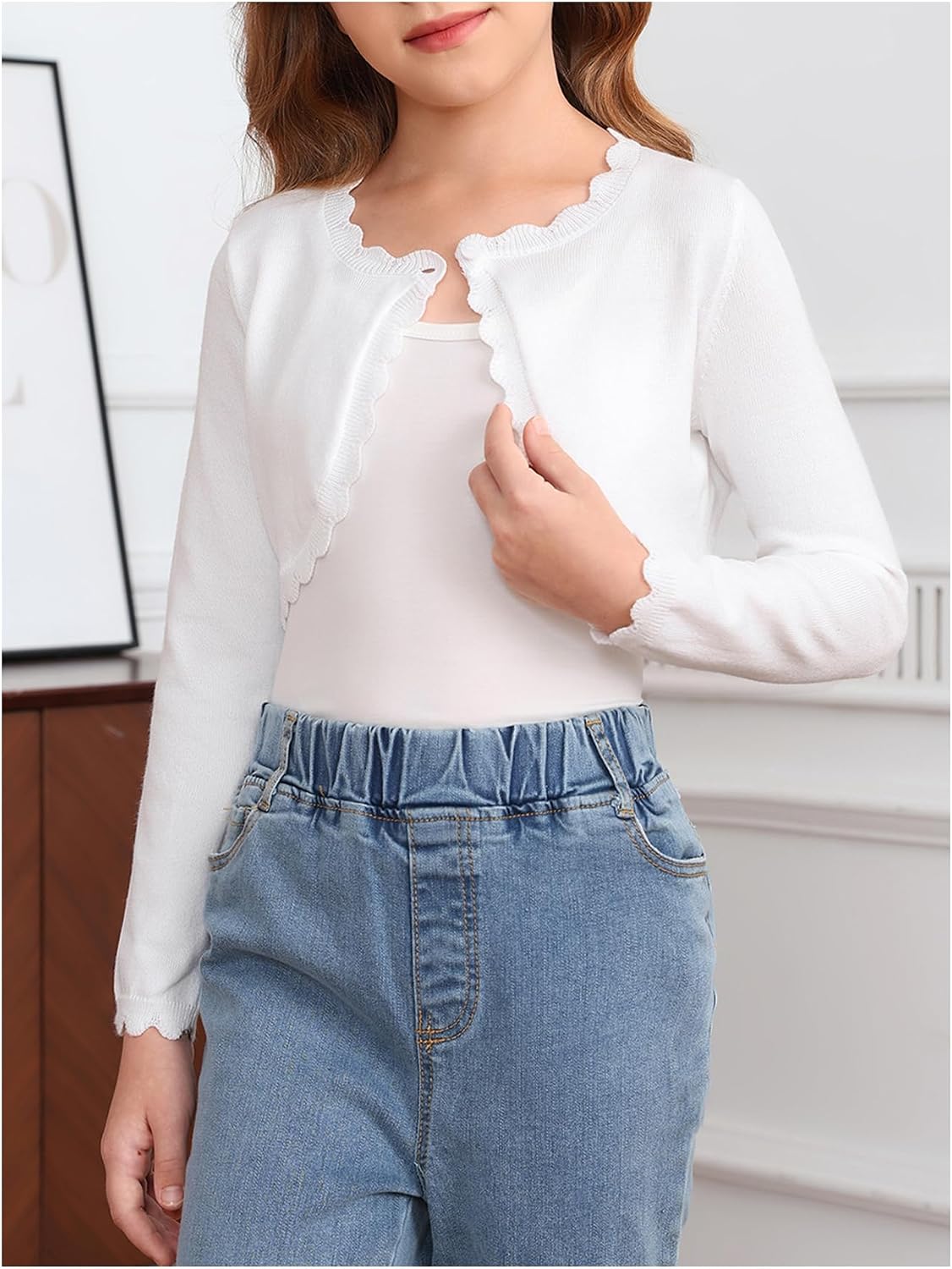 SOLY HUX Girl's Long Sleeve Cardigan Sweaters Scallop Trim Button Open Front Knit Crop Tops