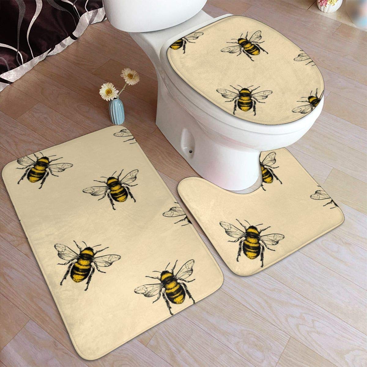 RedBeans Non Slip Bath Mat 3 Piece Flannel Bathroom Rug Set,Honey Bee Soft Pedestal Anti Slip Shower Mat And Toilet Cover Rug Set