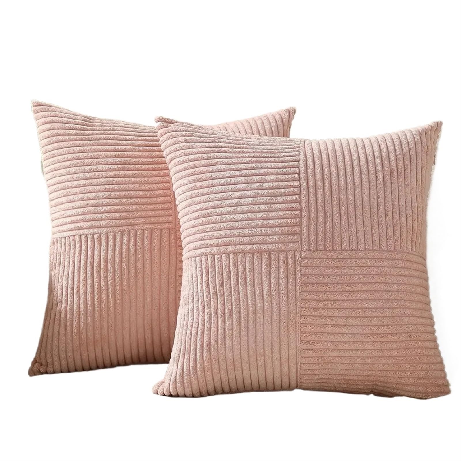 Housses de coussin carrées rayées velours côtelé rose 50x50