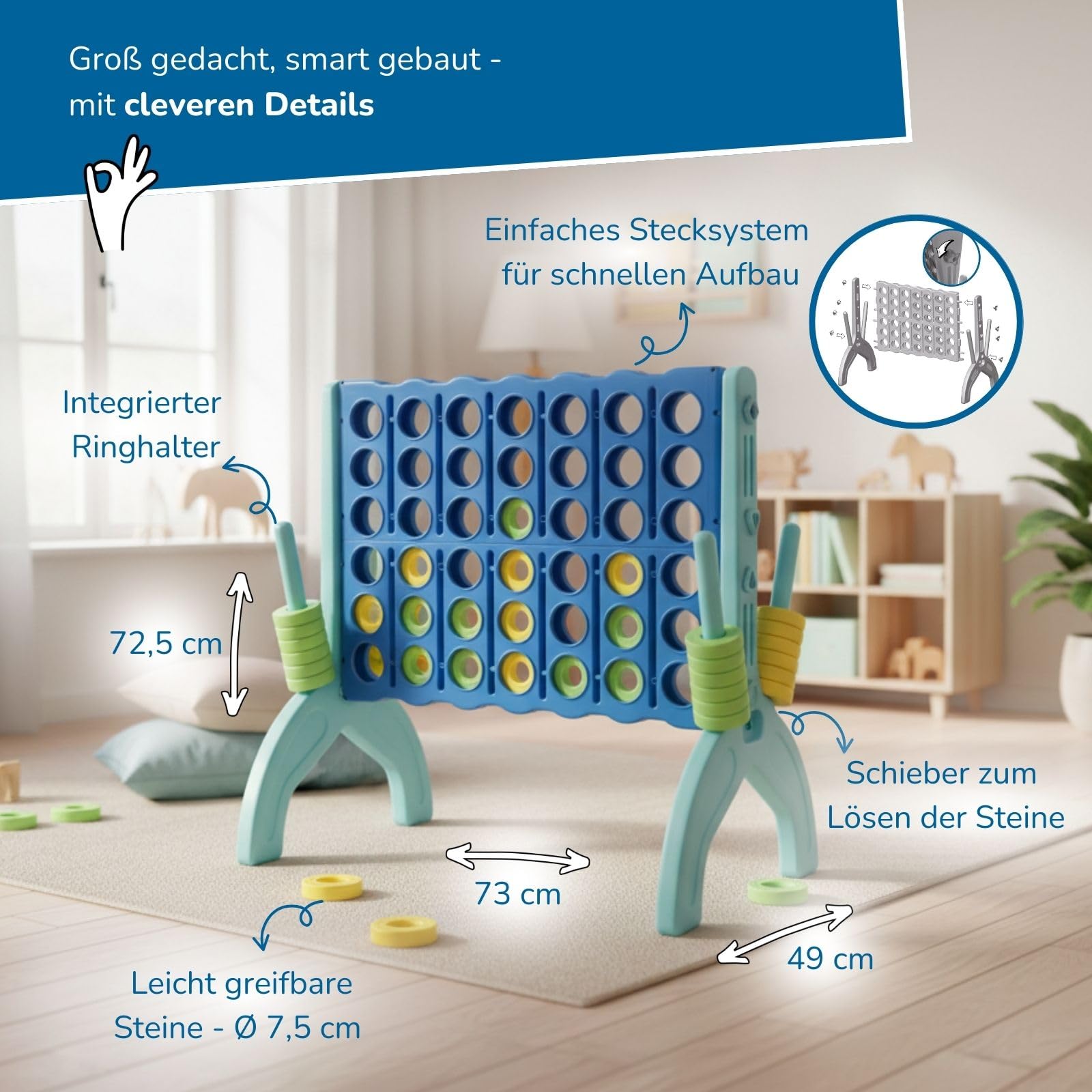 alldoro 60011 XL 4 gewinnt Spiel, 73 x 49 x 72,5 cm, 4 in Einer Reihe Strategiespiel ab 3 Jahren, stabile Steckkonstruktion für drinnen & draußen