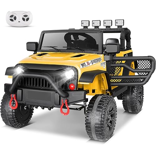 Hikole Ride on Cars 12V for Kids w/Parental Remote Control, Safety Belt, Kids Battery Powered Vehicles, Better Shock Absorption, LED Lights, Bluetooth, Forward/Backward, 3 Speeds, Yellow