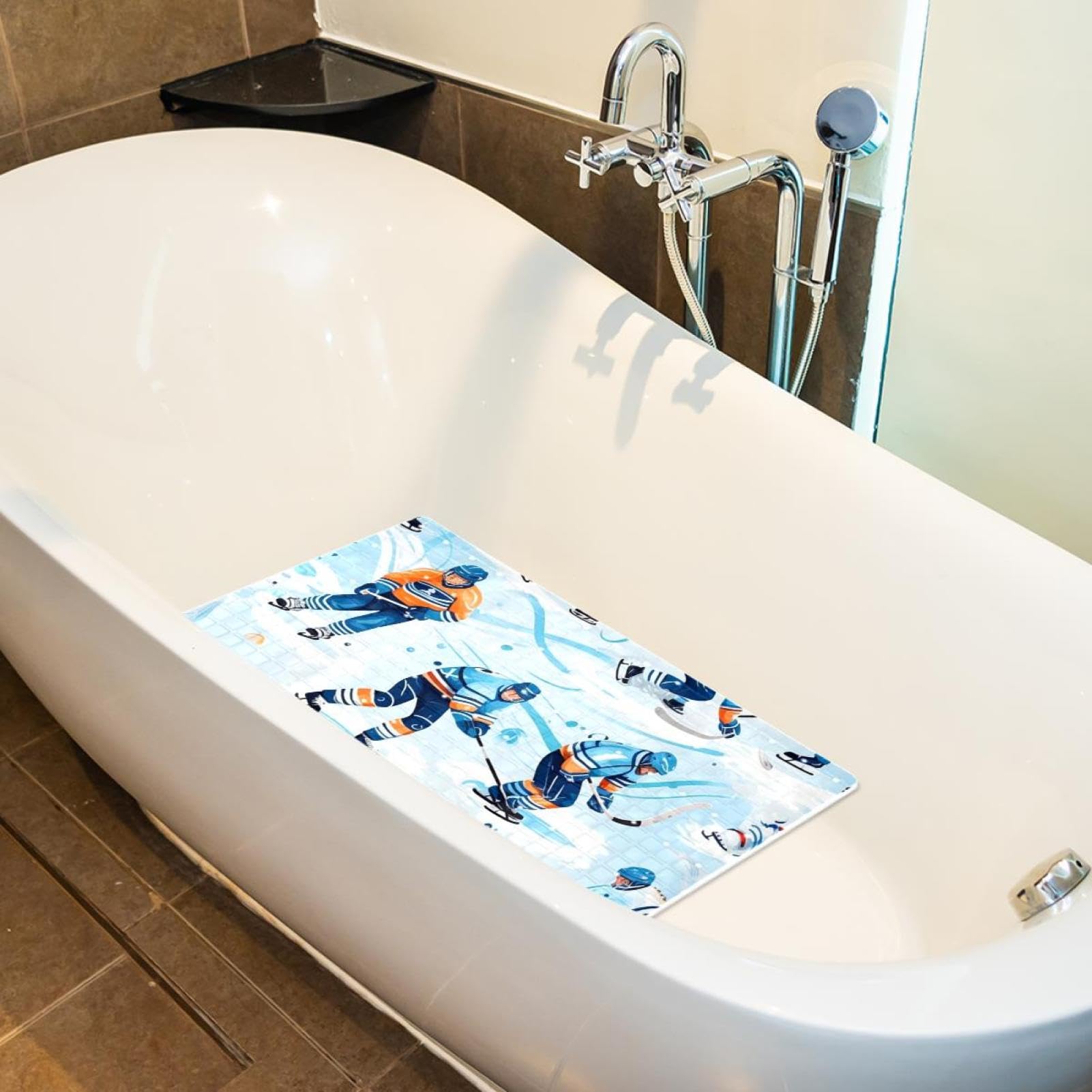 Tapis de douche antidérapant avec motif hockey sur glace comics - 38,5 x 68 cm - Tapis de douche en caoutchouc antidérapant avec trous de drainage et ventouses - Lavable en machine