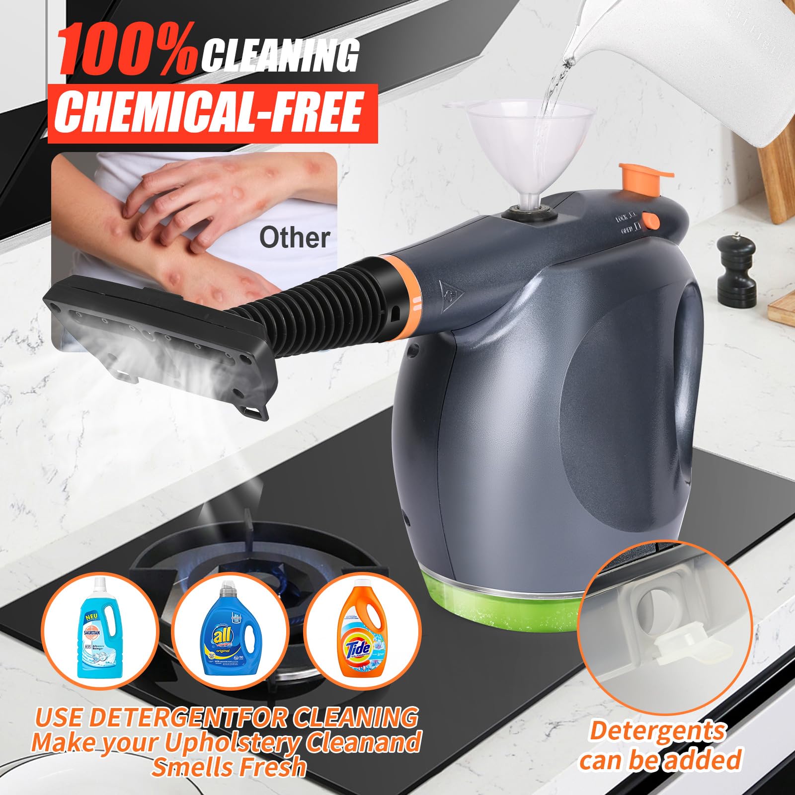 Pulitore A Vapore Portatile 1050W Con 9 Accessori – Per Auto, Cucina, Bagno E Finestre