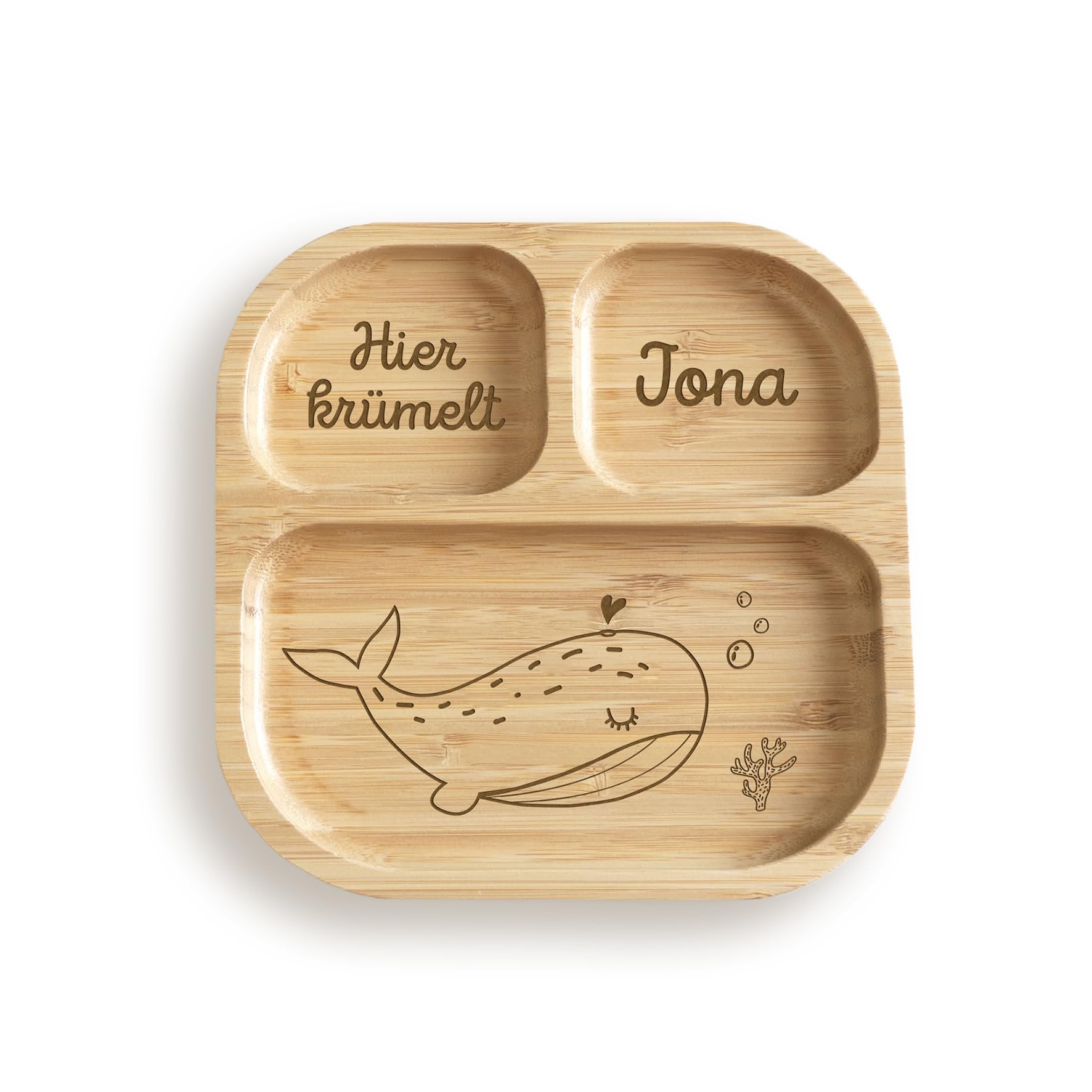 hellomini Personalisierter Babyteller mit Saugnapf – Individueller Kinderteller aus hochwertigem Bambusholz – Geschenk zur Geburt & Taufe – BPA-frei (Wal, Nur Teller)