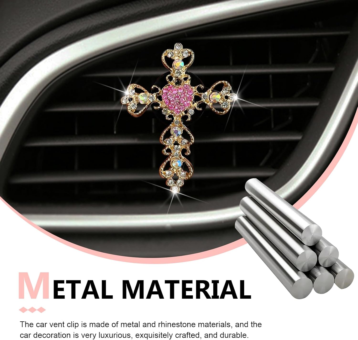 2 PCS Bling Rhinestone Cross & Heart Car Vent Clips, Sparkling Personalized Air Freshener, Dashboard Air Vent Trim Clip, Auto Interior Decoration Accessory for Women Girls (Pink) image 4