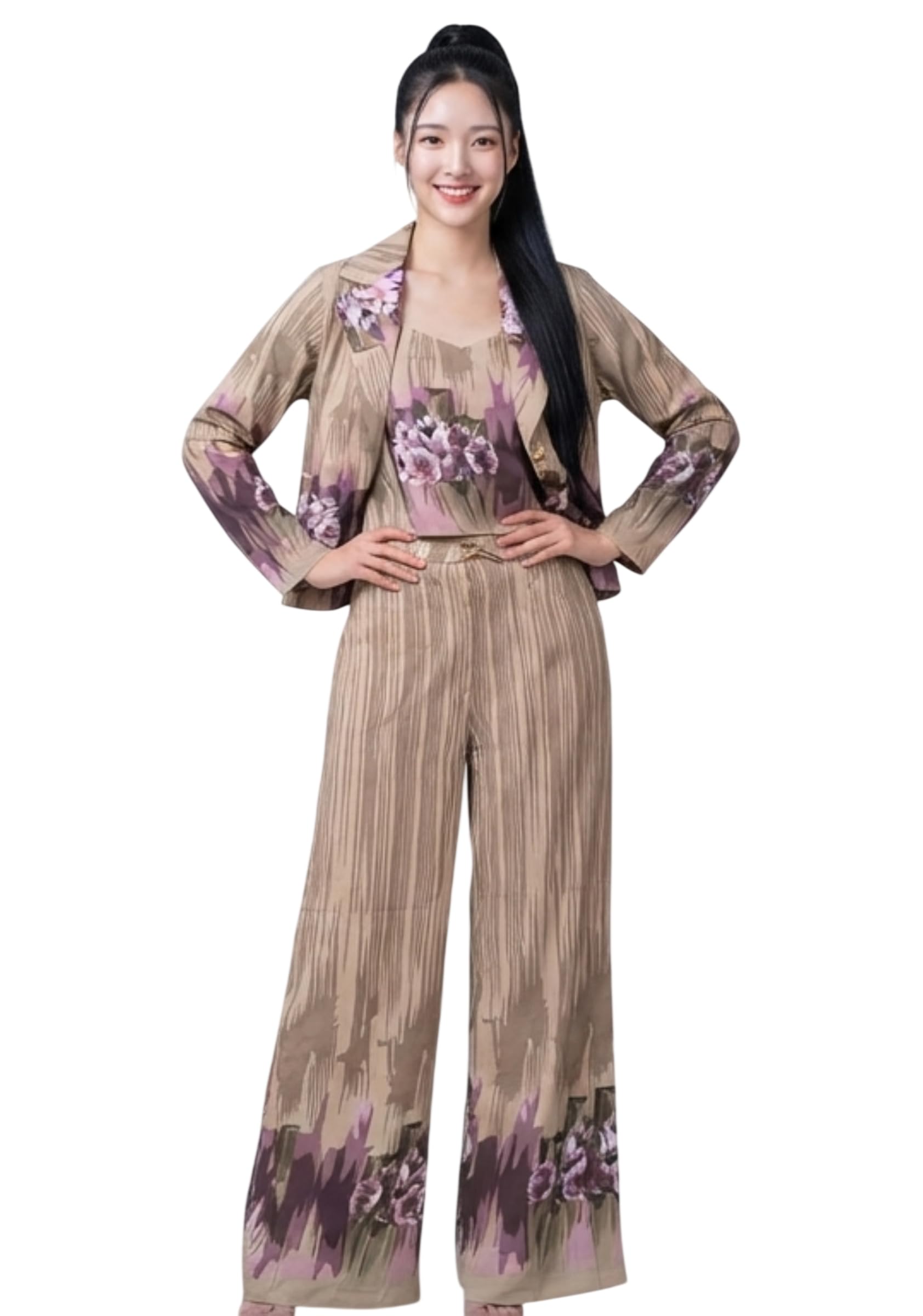 Women's 3-Piece Elegant Power Suit Set - Blazer Jacket, Crop Top & Wide-Leg Trousers Pants Set | Stylish Party Dress | Relaxed Fit | Resort Wear/Vacation/Party | Black-picture-19