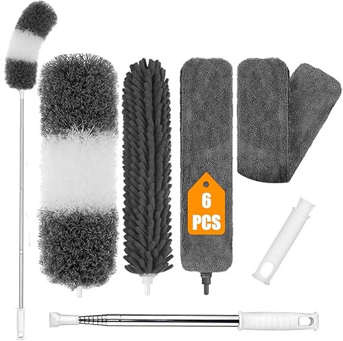 Miniatura 6 de Plumero de microfibra, 6 plumeros lavables y flexibles con poste telescópico de 100 pulgadas, limpiador de telaraña para ventiladores de techo,