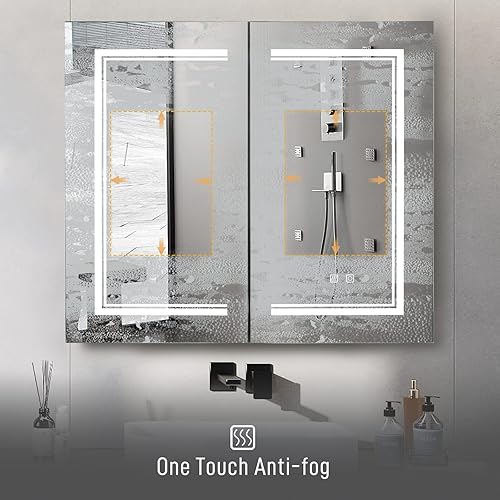 Miniatura 2 de Karl home Botiquín de baño de 2 puertas de 32 x 28 pulgadas con espejo LED armario de baño regulable montado en la pared de 3 colores con estantes