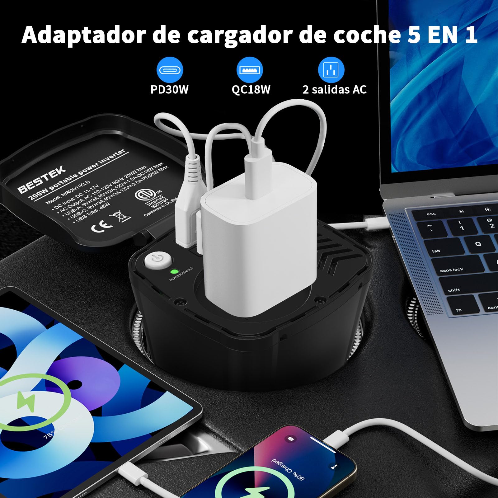 BESTEK Inversor de corriente para coche de 200 W: inversor de voltaje en forma de taza de 12 V CC a 230 V CA, con 2 puertos USB y adaptador de encendedor de cigarrillos para coche/viaje, compacto y